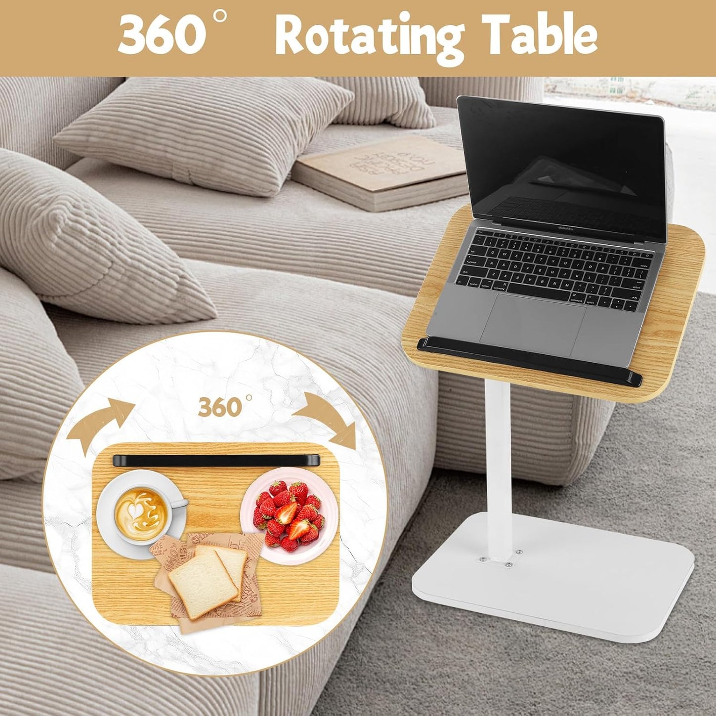Couch Table Tray, Adjustable Height 360° Swivel Sofa Side Table for Couch, C Shaped End Table for Living Room and Bedroom