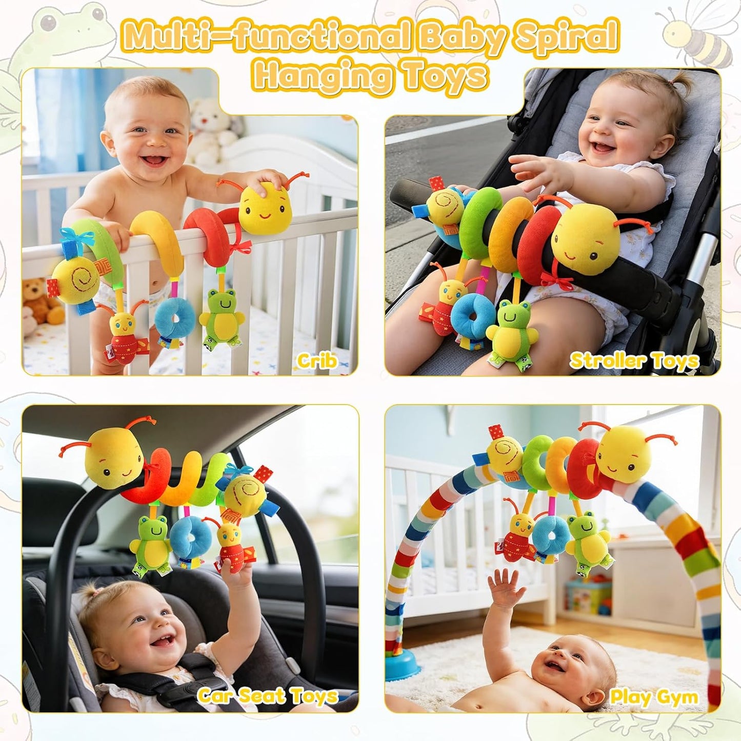 Baby Crib Hanging Rattles Toys - Infant Baby Worm Crib Bed Around Rattle Bell Cartoon Insect Spiral Hanging Toy with Ringing Bell for Infants Bed Stroller Car Seat Bar for Babies Boys and Girls