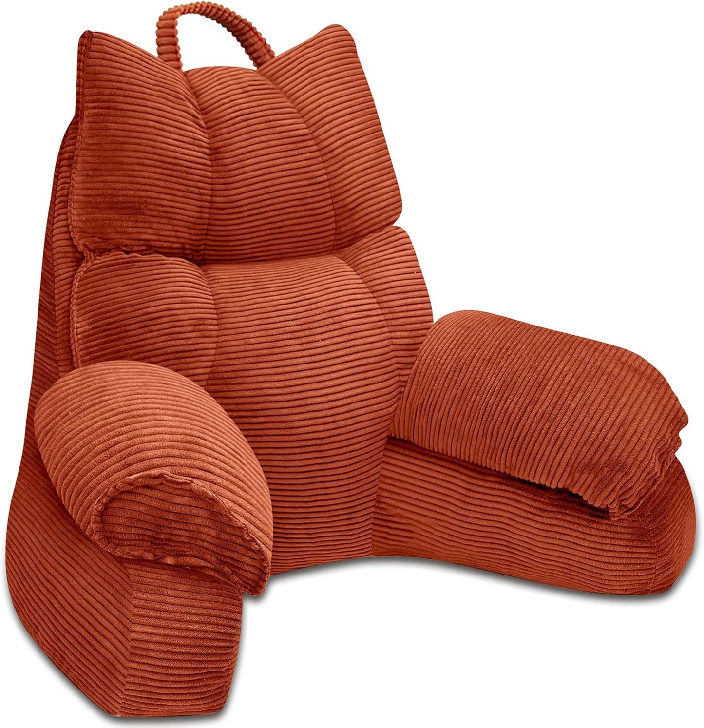 RRPAHWTV Reading Pillow for Bed with High Arm Rests,Back Support Pillow for Sitting Up in Bed with Shredded Memory Foam for Reading, TV, Gaming or Relaxing on Floor（Bright Orange，Large）