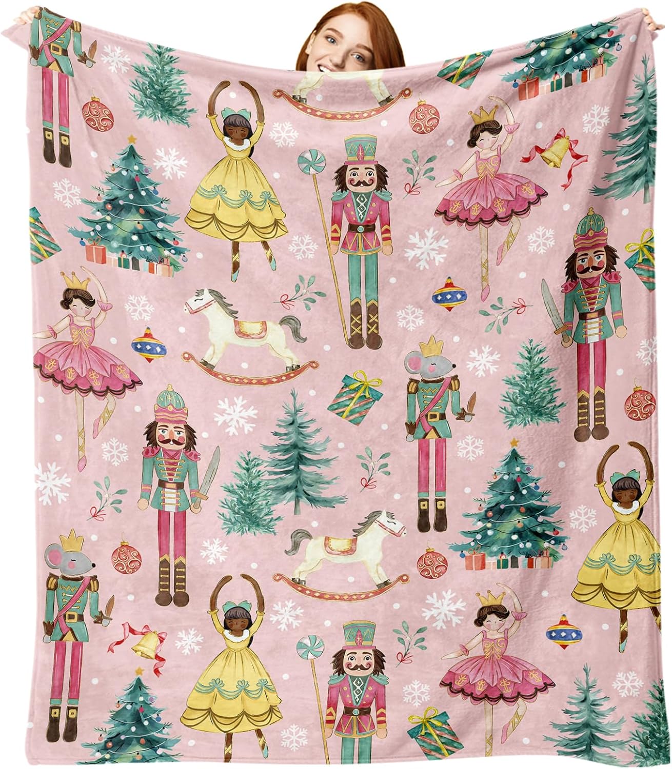 Pink Christmas Nutcracker Flannel Throw Blanket, Cute Xmas Tree Wooden Horses Balls Birthday Gifts for Kids Men Women, Winter Holiday Snowflake Soft Blankets for Bedding Sofa 50 x 60 Inches