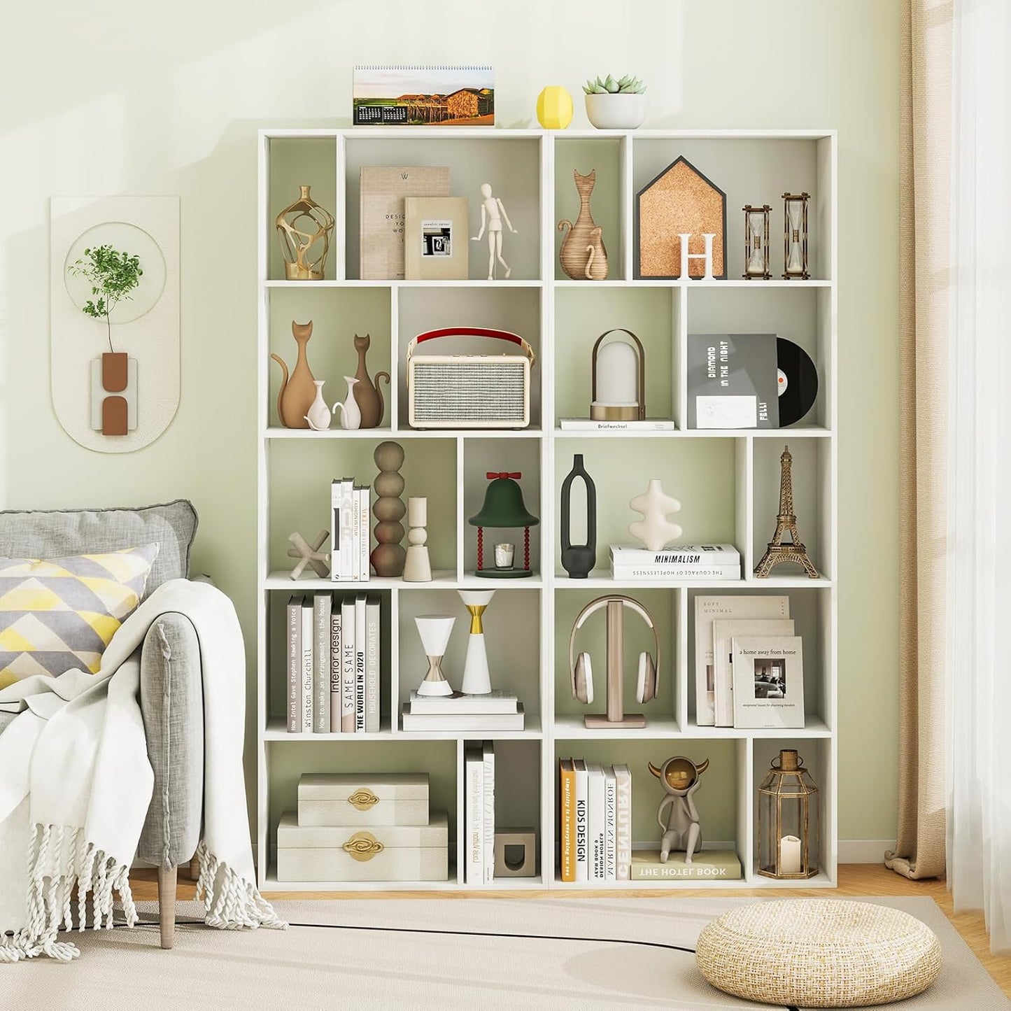 GOFLAME 5-Tier Geometric Bookcase, 63” Tall Freestanding Bookshelf with 10 Open Cubbies, Anti-Toppling Kits, Modern Cube Storage Organizer for Living Room, Bedroom, Home Office, White
