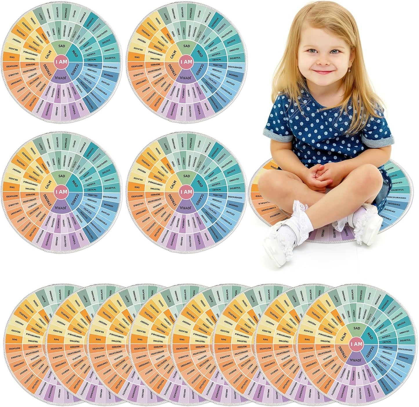 OBUSATT 12Pcs Carpet Circle Seats 15 Inch Round Classroom Rug Calming Corner Supply Non Slip Floor Cushions Mat for Back to School Mental Health Nursery Learning Playing Areas Decor(Feelings Wheel)