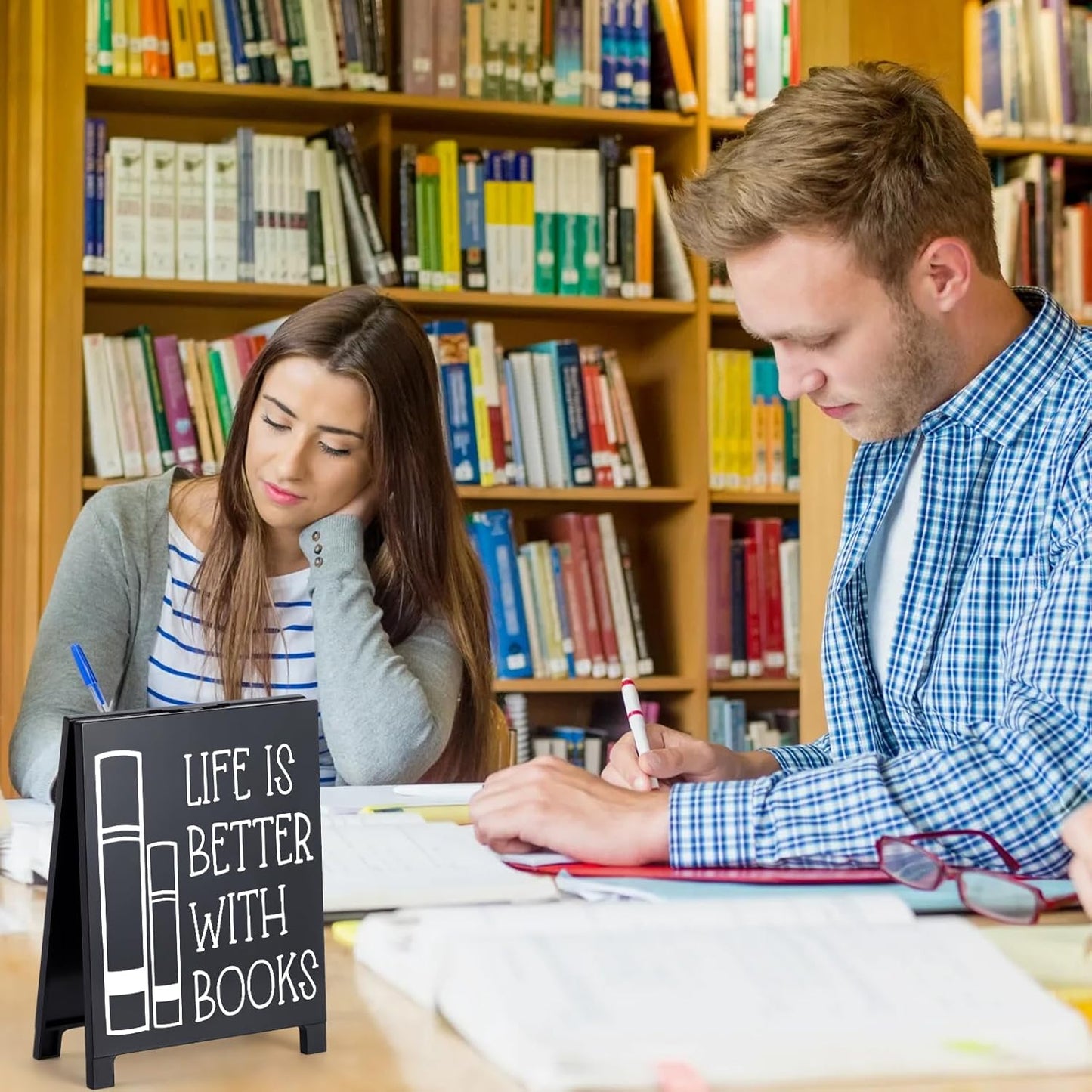 Life Is Better With Books Desk Decor Sign Retro Bookstore Table Display for Home Office Reading Nook Library Bookshelf Christmas Gift for Readers Nerd Bookworms Librarians