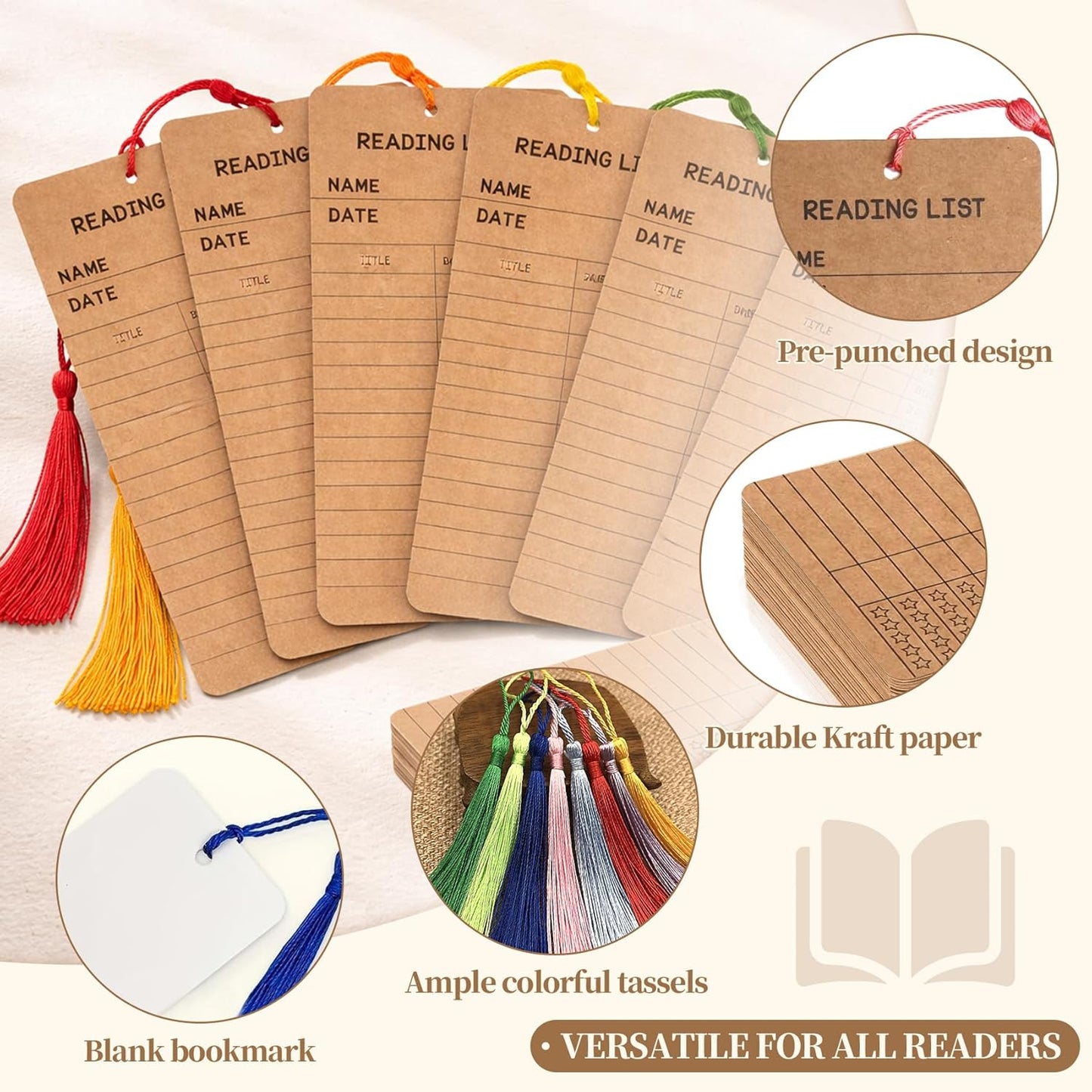 60 PCS Reading List Bookmarks with Colorful Tassels – 50 Book Tracker Bookmarks & 10 Blank White Bookmarks for Book Lovers, Students, Teachers – Graduation Gifts, Reading Log, Back-to-School Supplies