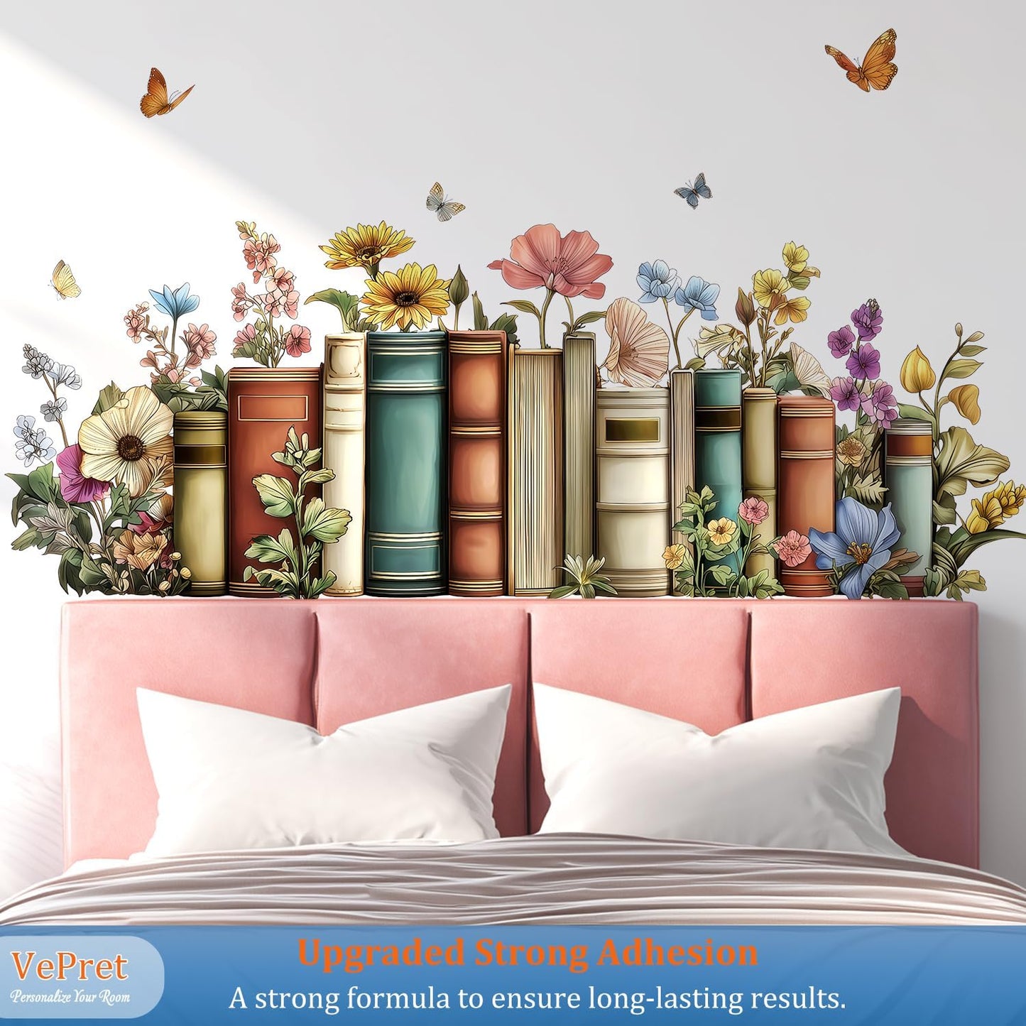 Flowers Books Wall Decals Peel and Stick, Vintage Floral Botanical Library Vinyl Wall Decor, Butterflies Removable Room Home House Wall Stickers & Murals for Bedroom Living Room Office