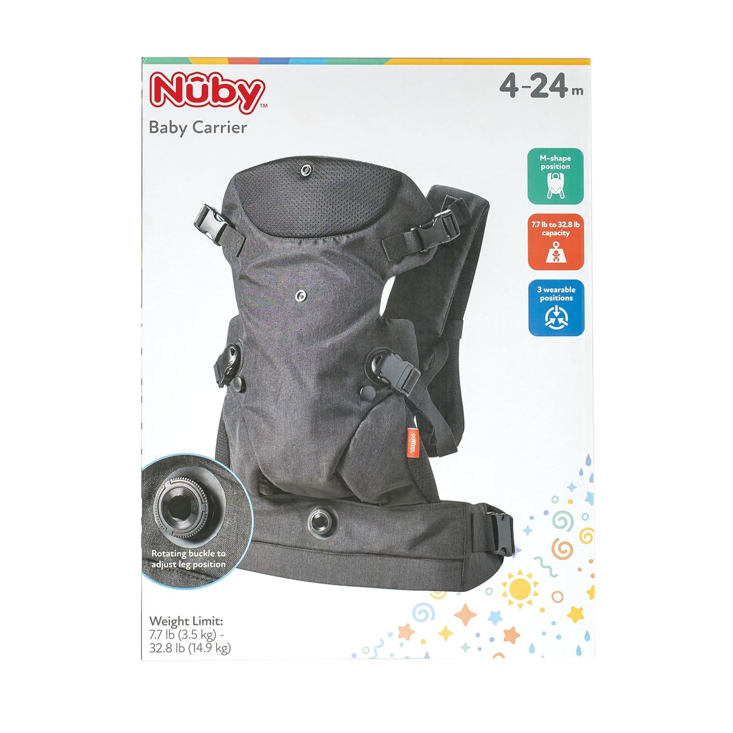 Nuby Baby Carrier with 3 Carry Positions, Adjustable Leg Support for “M” Position, Padded Shoulder Straps & Waist Belt – Lightweight, Comfortable & Secure Inward, Outward & Back Carry Option, Black