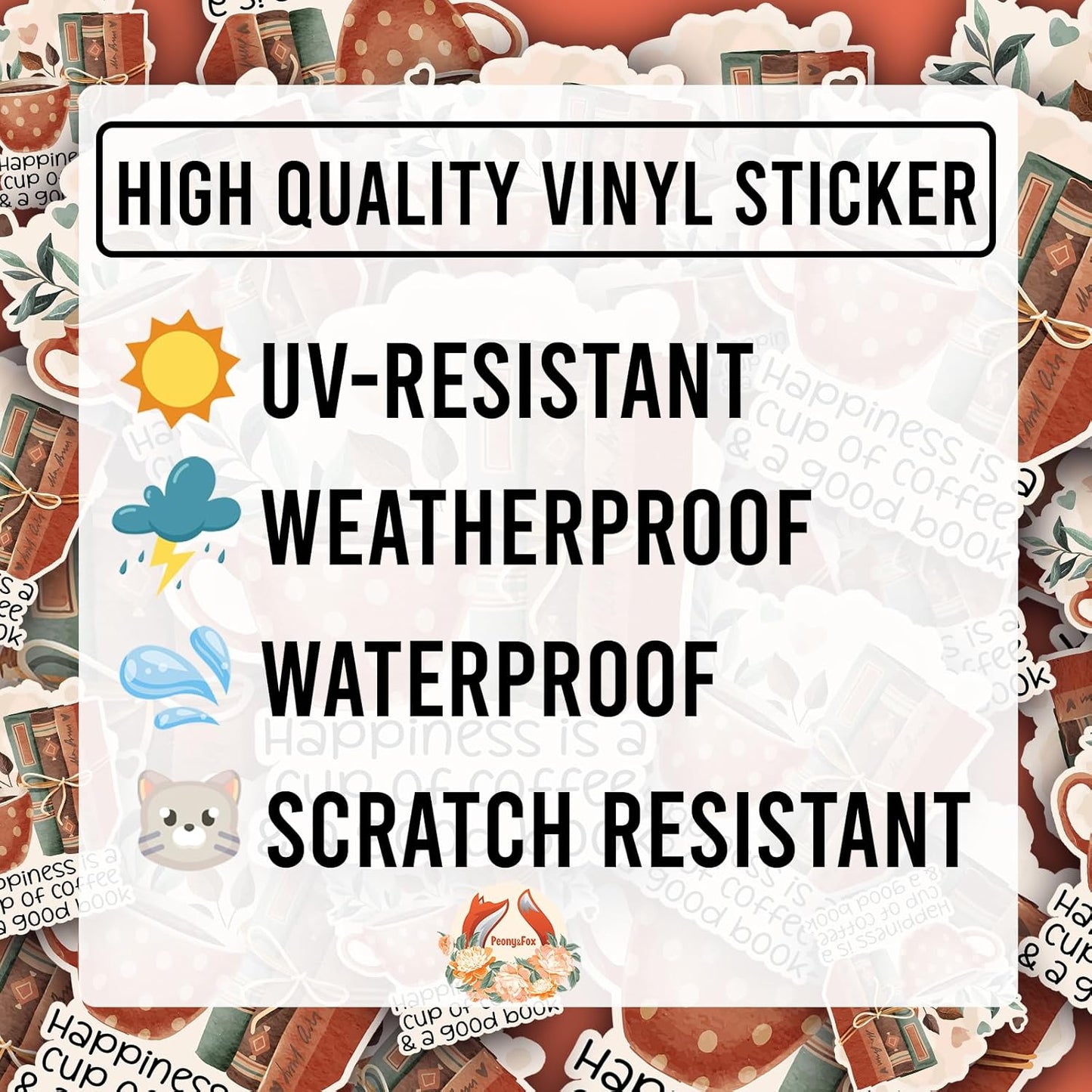 (3Pcs) Happiness is A Cup of Coffee and A Good Book Sticker Reading Lover Nerd Book Addict Bookish Quote Decal Waterproof Vinyl Stickers Adult for Kindle Laptop Mug Phone Water Bottle - Size 3”x2.9”