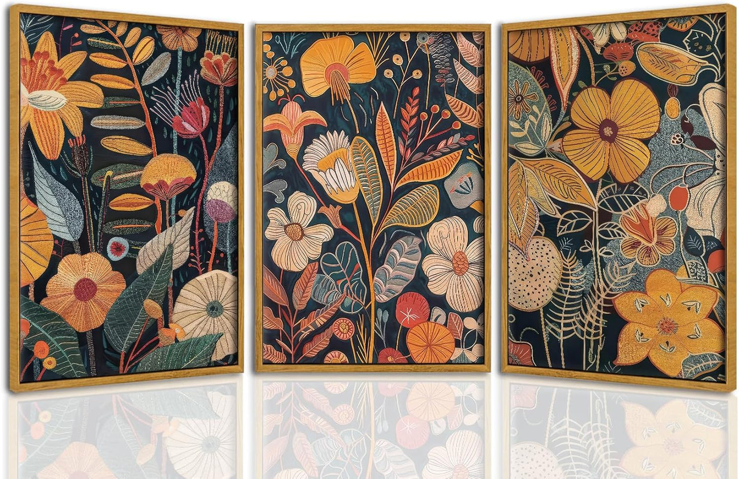TBKHUDBI Framed Burnt Orange Floral Canvas Wall Art,Mid Century Modern Wall Decor,Boho Terracotta Flower Picture Prints Poster Painting Artwork Set Of 3 For Living Room Bedroom Office 16"x24"