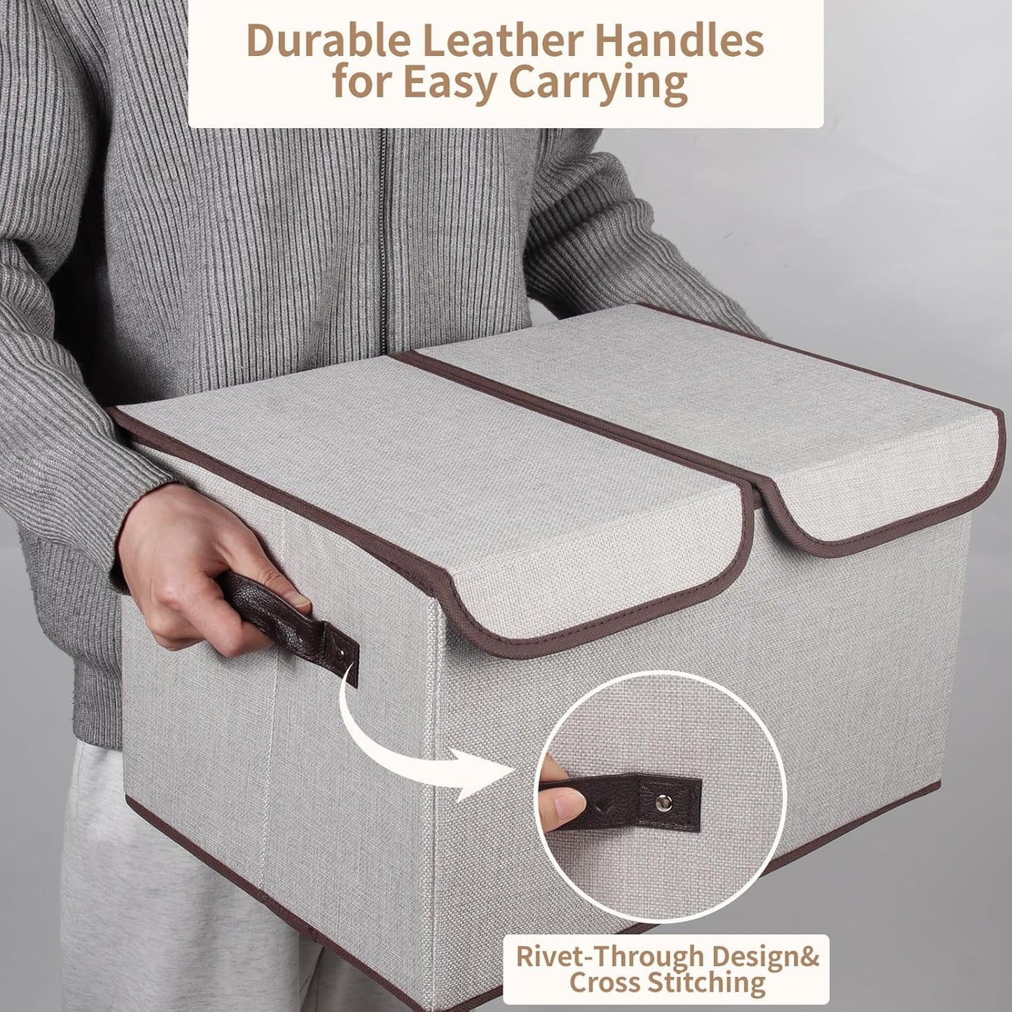 Foldable Fabric Storage Box with Double-Lid & Dividers, Large Organizer for Home, Closet, Office (Grey, 2 Packs)