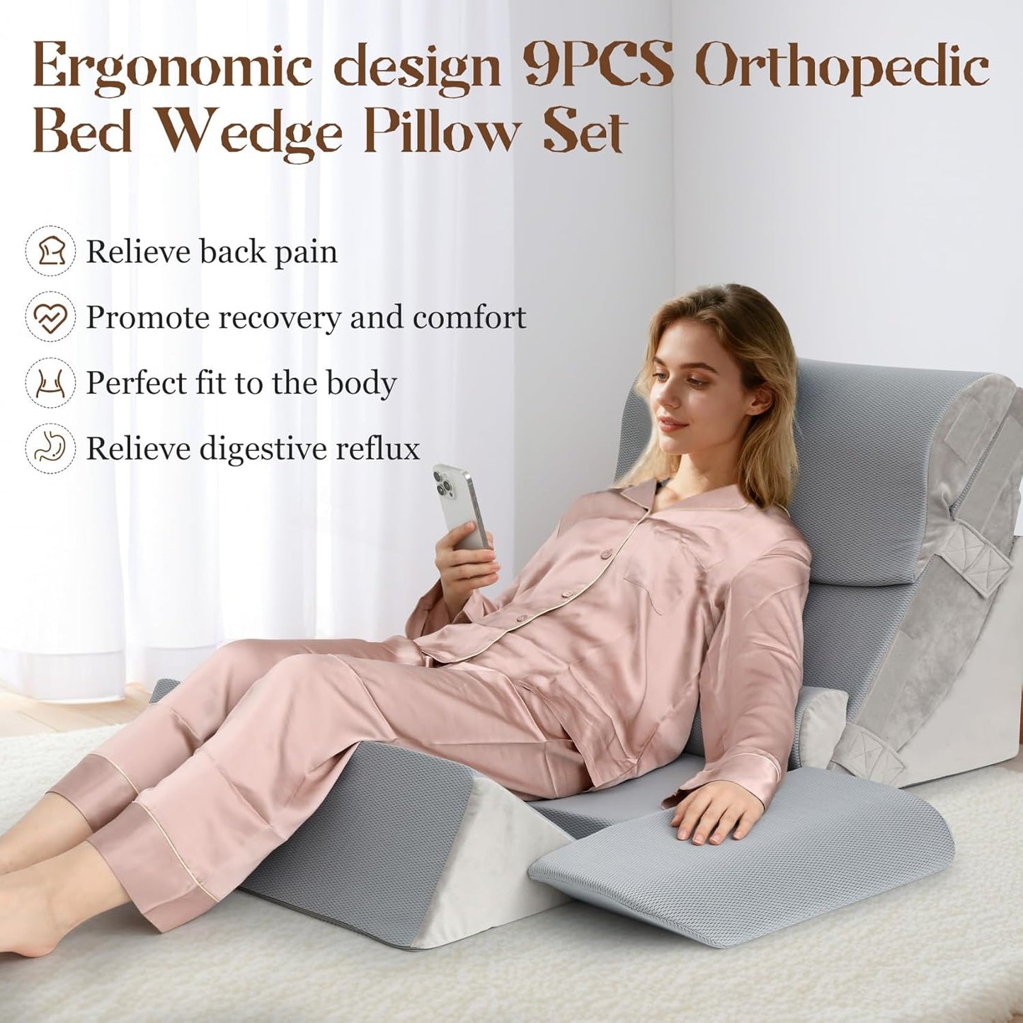 Redants 9PCS Orthopedic Bed Wedge Pillow Set, Wedge Pillow Set for After Surgery, for Sitting Up in Bed to Read, Watch TV, Use Laptop, Removable, Pain Relief from Back, Leg, and Neck Discomfort