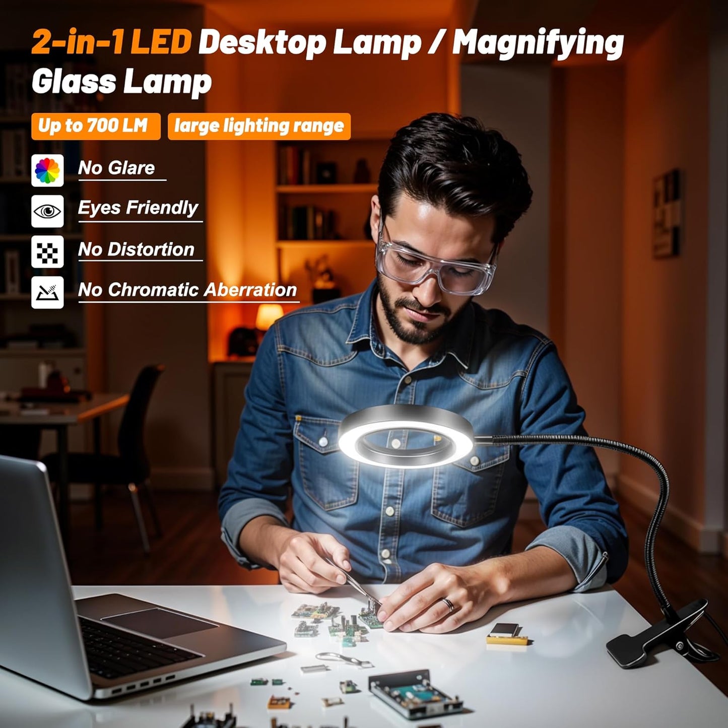 10X Magnifying Glass with Light, 2 in 1 Magnifying Desk Lamp Clip on Mganifier with Light, 3 Color Modes 10 Brightness Levels, 58 LED Clip on Reading Lamp for Bed Crafts DIY Repair,No Adapter