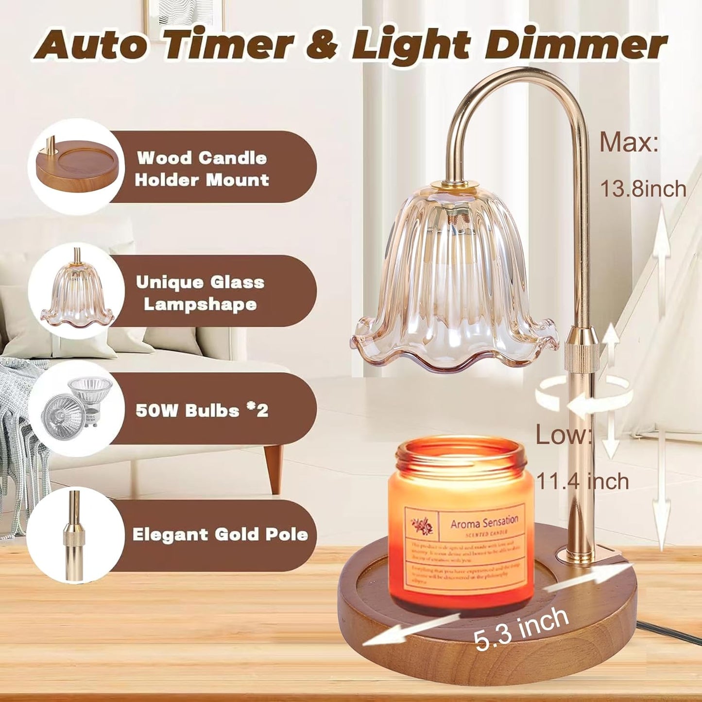 Candle Warmer Lamp with Timer Dimmer,Height Adjustable No Flame Candles Warming Light,Birthday Gifts for Women,New Home Room Decor,Wax Melt Warmer for Scented Jar Candles(2 * 50W Bulb) (1 Pack-B)