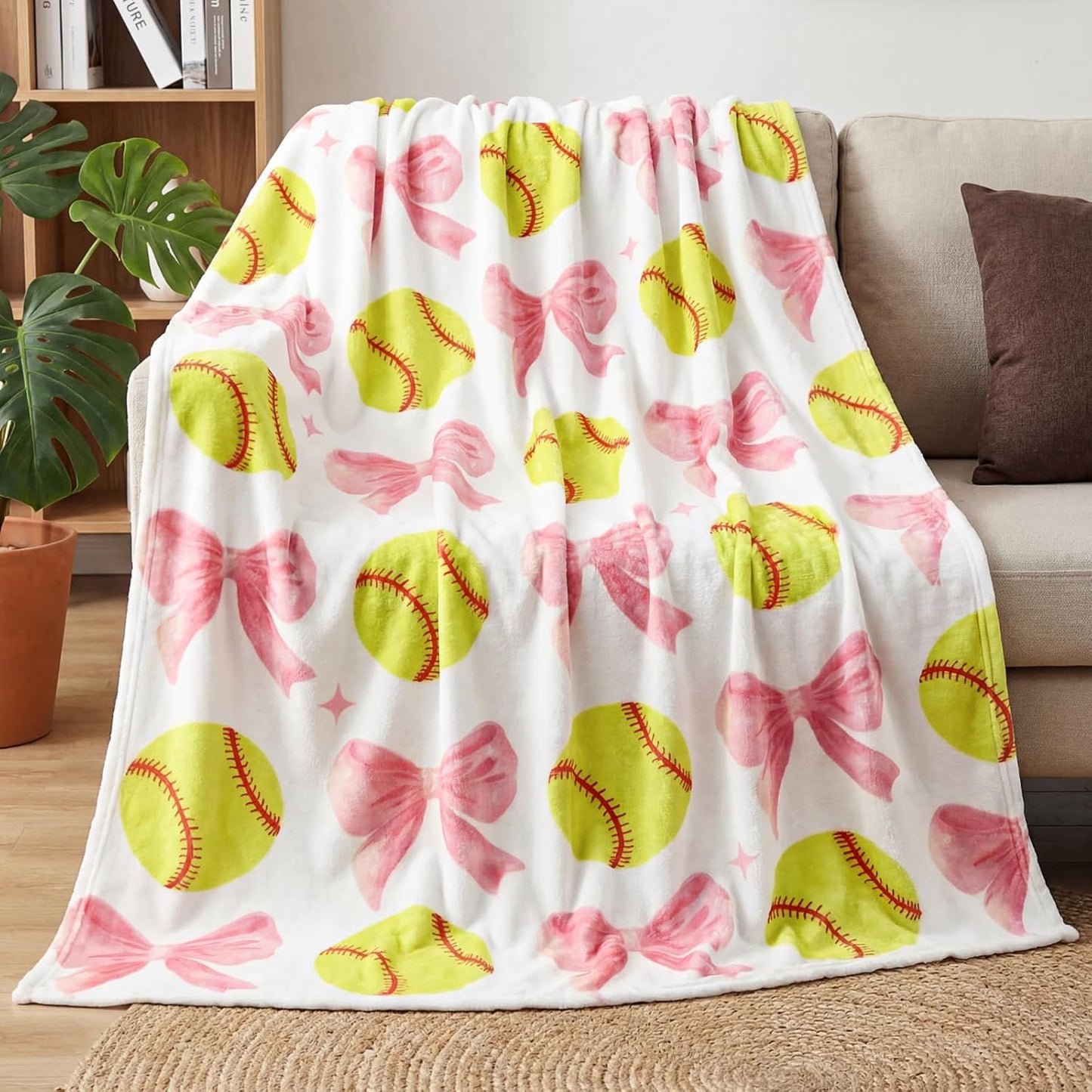 Softball Blanket 50''x60'', Coquette Pink Bow Soft Throw Blanket Softball Gifts for Girls Women Team Players Coach Unique Gifts for Sports Lovers
