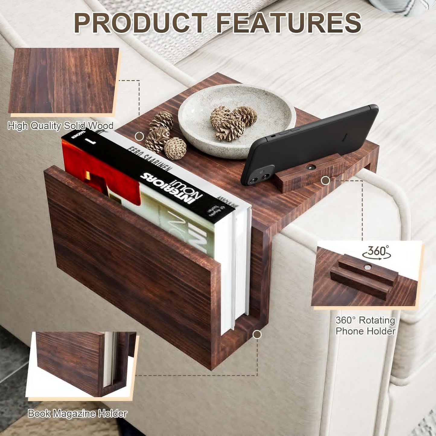 Couch Arm Table Tray with 360° Phone Holder Side Storage Pocket 3 in 1 Couch Armrest Table Wooden Clip-On Sofa Arm Tray Table for Living Room TV Dinners Eating Drinks Snacks (Brown)