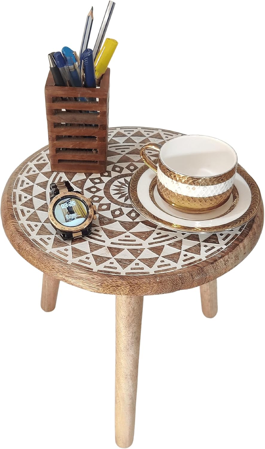 VANIYA CRAFTS® Wooden Engraved Fold-able Round End Table/Side Table/Plant Stand/Stool for Living Room Bedroom Restaurant Kids Play Furniture Table Round Shape (Natural White 5)