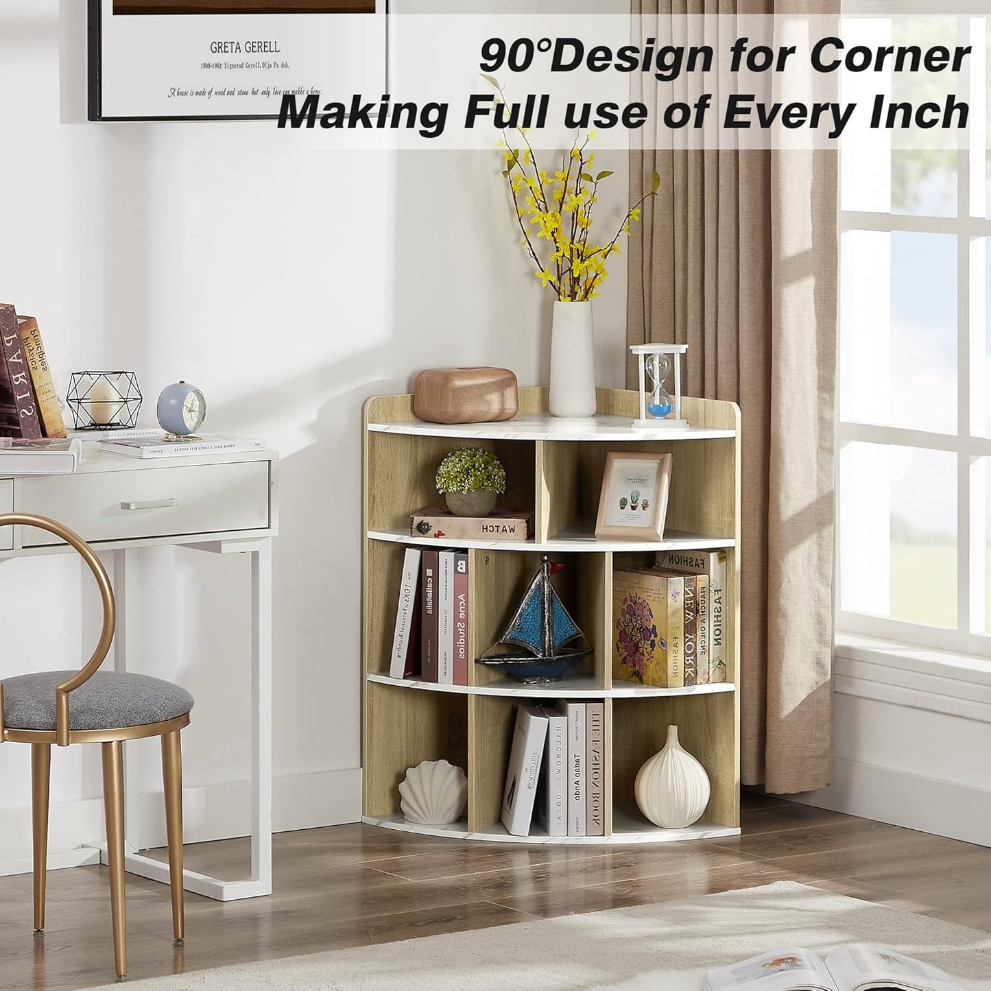 VECELO 3-Tier Corner Cabinet with 8 Cubbies, Wooden Cube Storage Organizer, Modern Bookshelf Units for Playroom, Bedroom, Living Room, Marble White