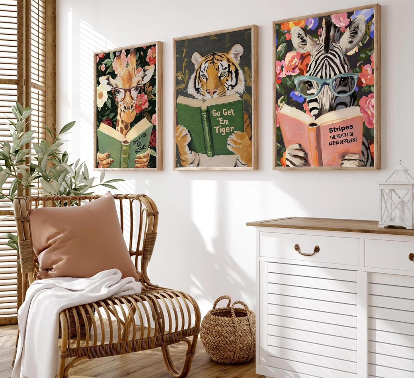 Funny Whimsical Animal Wall Art Motivational Tiger Giraffe and Zebra Reading Book Pictures Nursery Decor Humorous Bookworm Posters Literary Animal Print Artwork for Library Office Study, Unframed