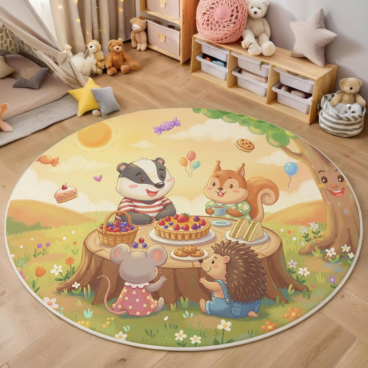2Ft Round Washable Rug - Large Area Rug for Living Room Dining Room, Yellow Soft Bedroom Carpet with Cute Animals Party Pattern, Cartoon Illustration Décor, Low Pile Stain Resistant