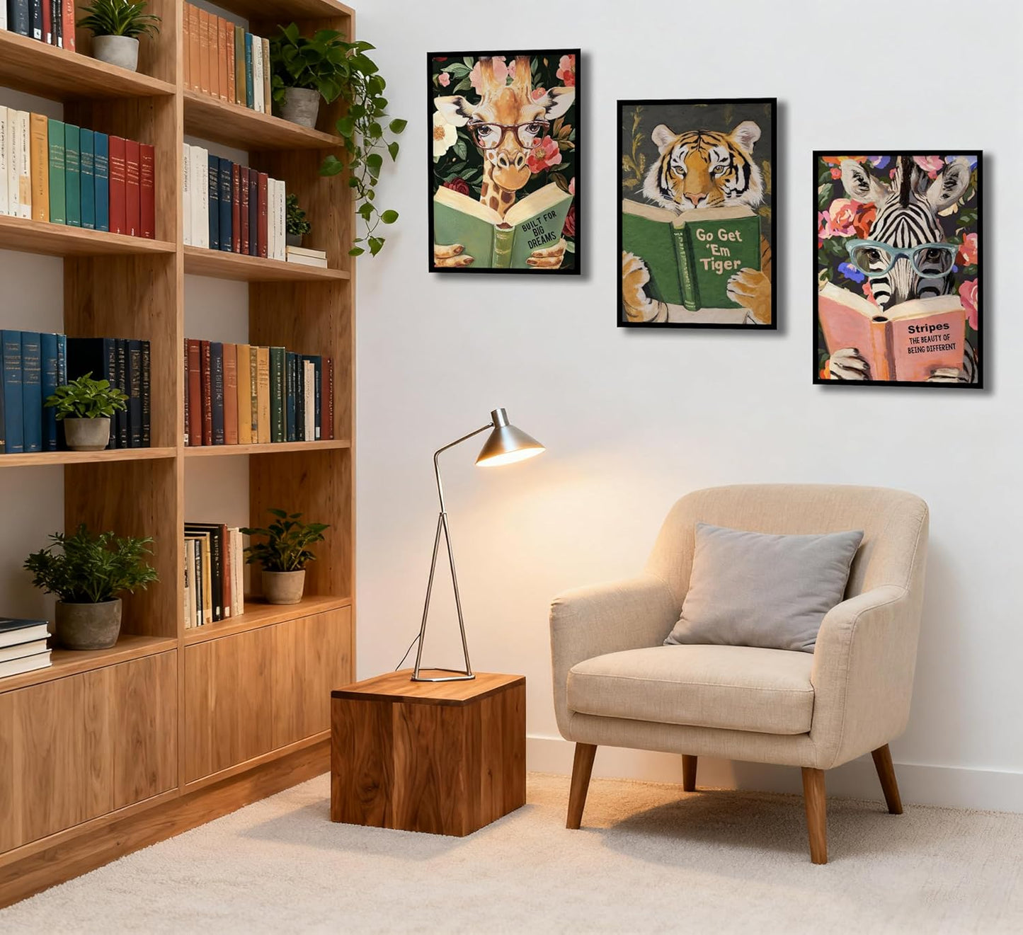 Funny Whimsical Animal Wall Art Motivational Tiger Giraffe and Zebra Reading Book Pictures Nursery Decor Humorous Bookworm Posters Literary Animal Print Artwork for Library Office Study, Unframed