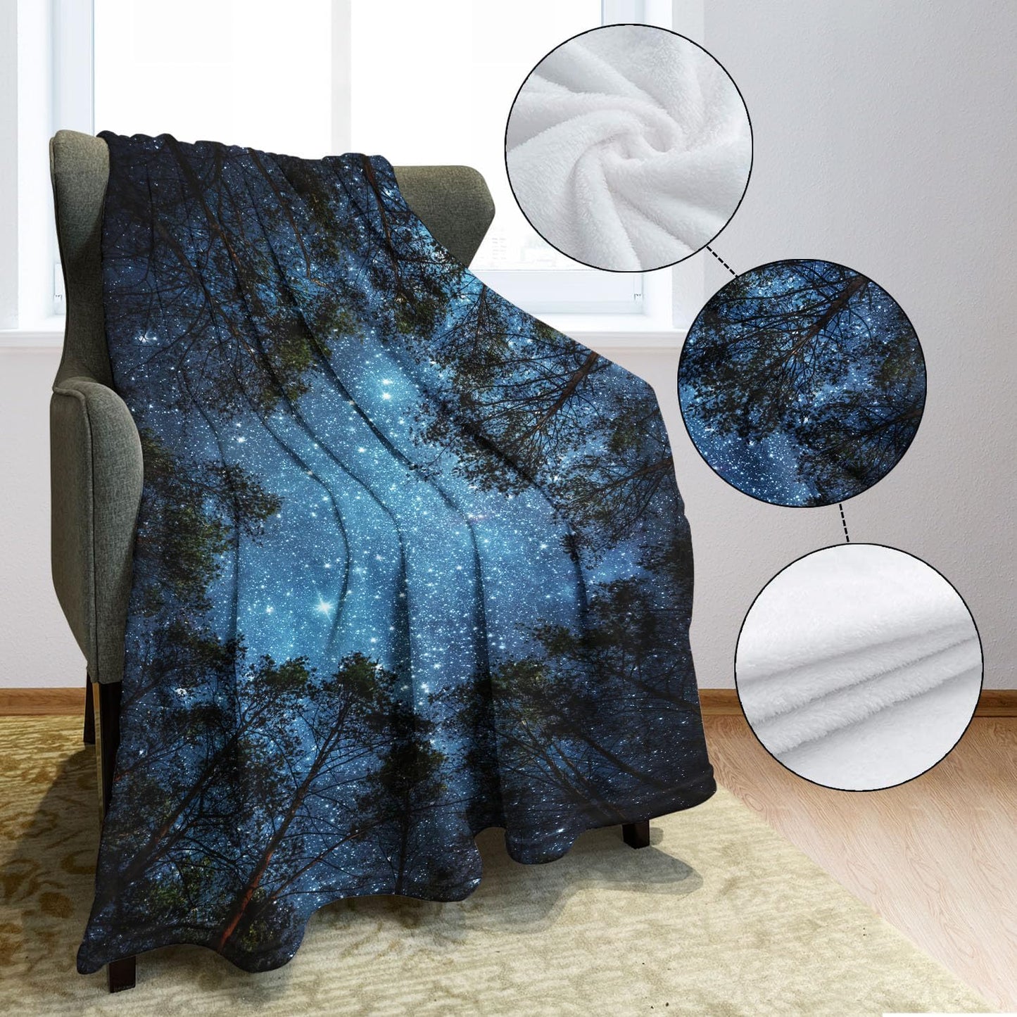 Soft Cozy Fleece Throw Blanket for Couch, Starry Night Galaxy Forest Trees,50x60 Inches