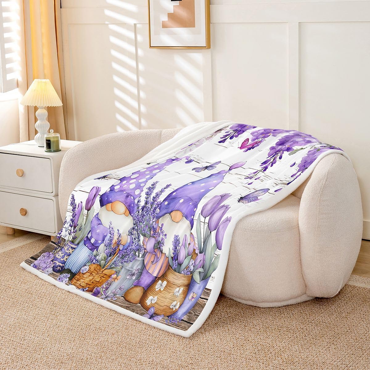 Erosebridal Flowers Blanket,Purple Flower Rustic Farmhouse Throw Blanket for Couch Bed Sofa,Cute Gnome Butterfly Fleece Blanket,Wild Animals Butterflies Floral Bed Blanket 60"x80"