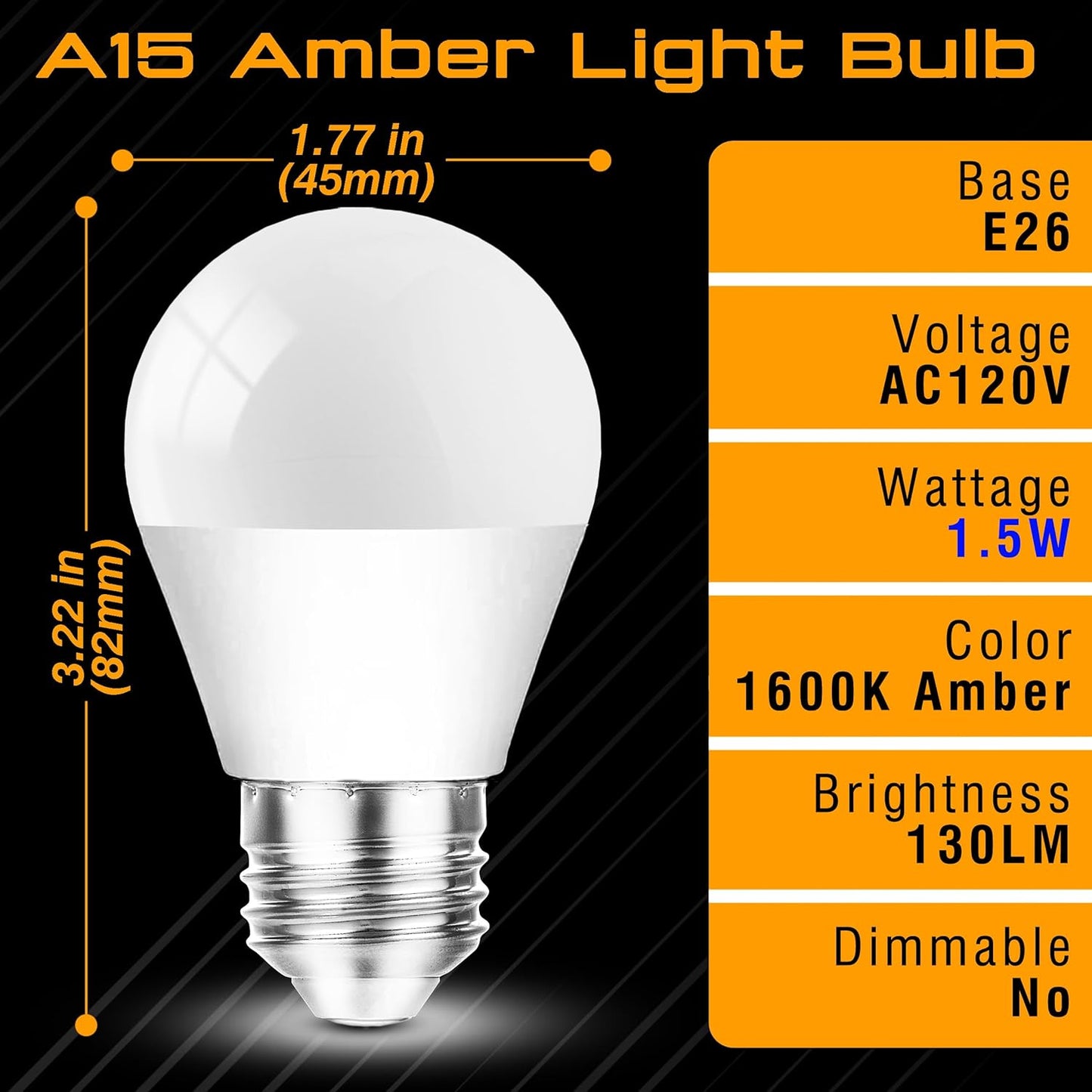Amber Sleep Light Bulbs 1600k, 1.5W Low Brightness Night Light Bulb 130lm, A15 Blue Light Blocking 15w Equivalent, E26 Warm Amber Light Bulbs for Bedroom, Nursery, Healthy Sleep, Non-Dimmable, 2 Pack