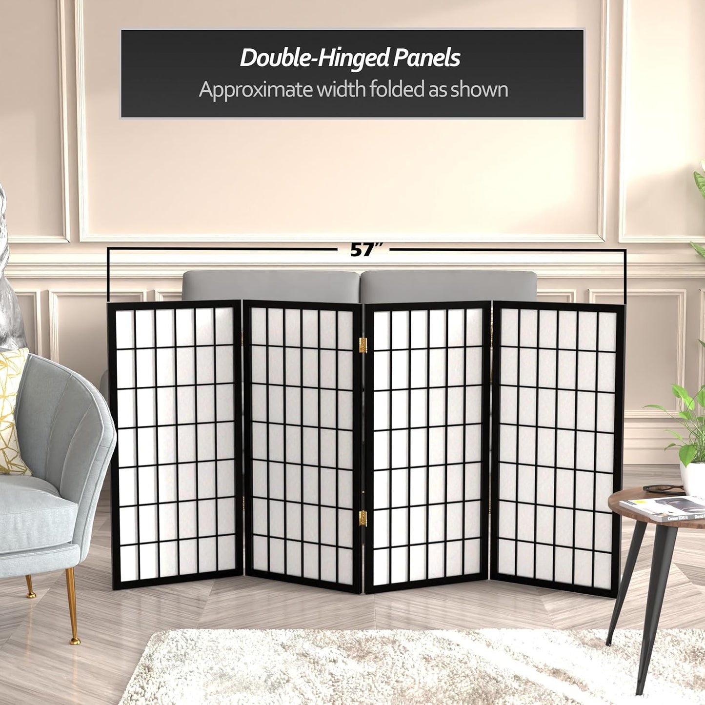 3 ft. Short Window Pane Shoji Screen - Black - 4 Panels