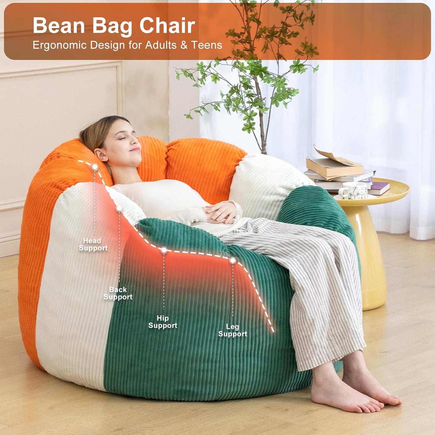 Giant Bean Bag Chairs for Adults,Memory Foam Firm Boneless Floor Gaming Chair Reading Chair,Colorful Plush Corduroy Cover,Comfy Chairs for Livingroom Bedroom Reading Nook Movie Night
