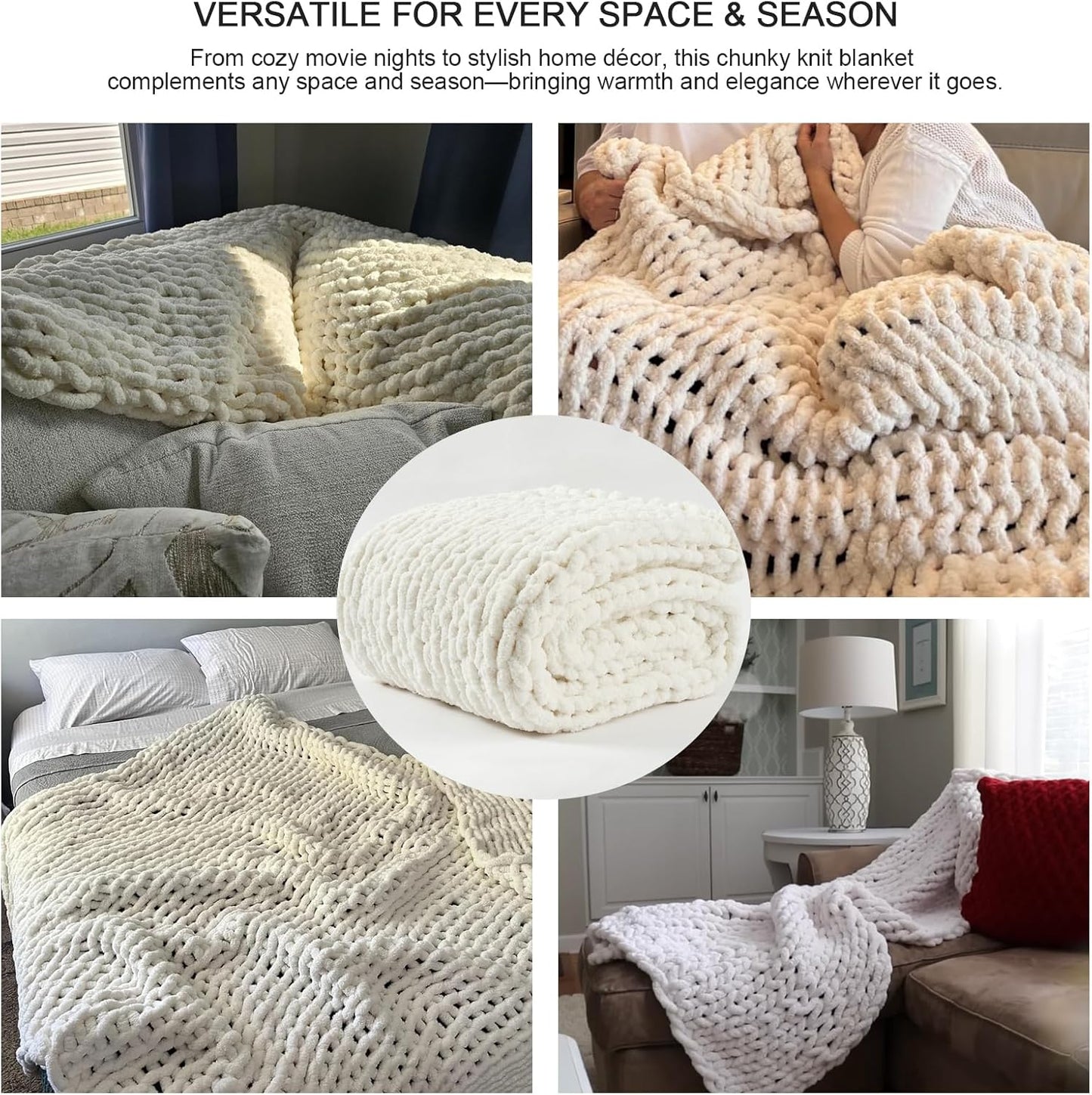 Luxury Super Chunky Knit Throw Blanket, Handmade Chenille Cable Knit Crochet Blanket 50x60, Soft Thick Chunky Yarn Knit Throw for Couch & Bed, No Shedding, Ivory/Cream Home Decor Gift
