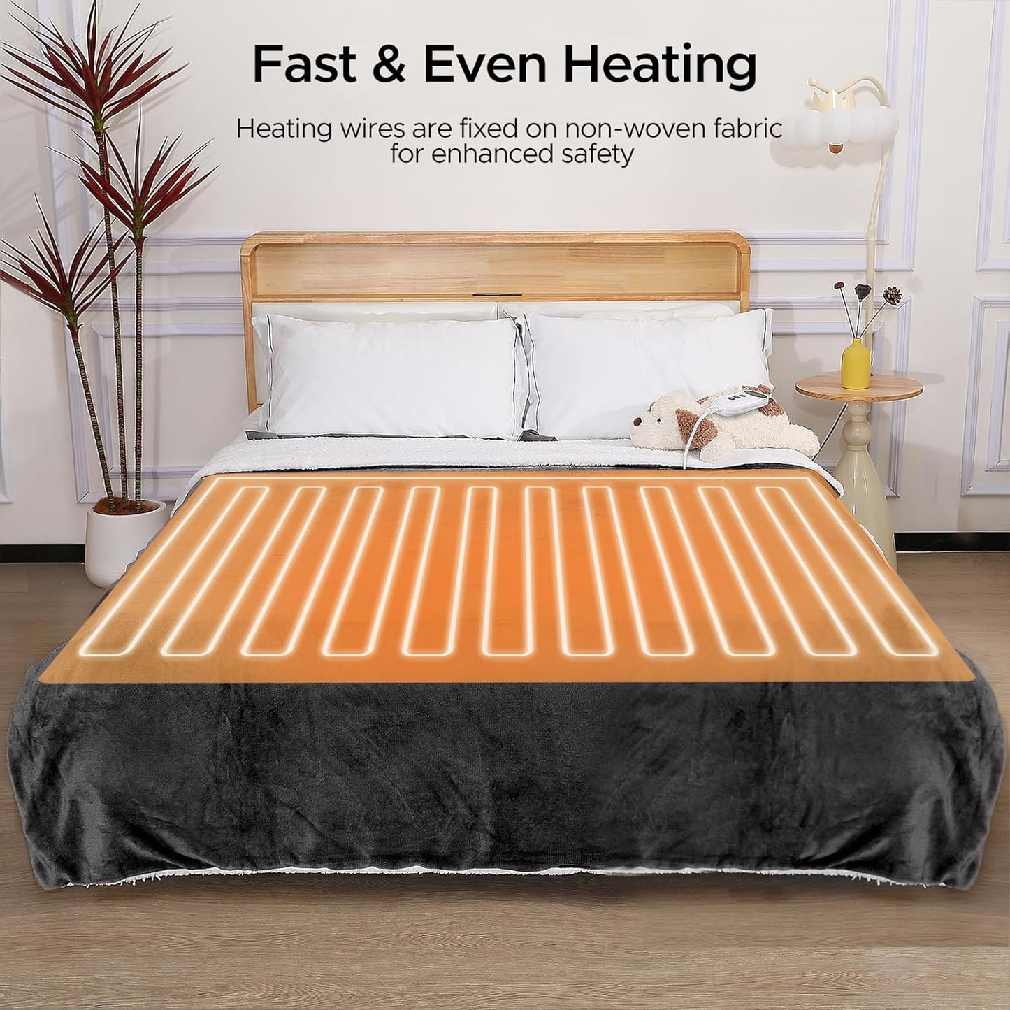 Electric Heated Blanket Throw 50"x60" - Soft Cozy Flannel & Sherpa Fabric Dual-Sided, 9 Heat Settings & 2-10 Hours Auto Off, Warming Heated Throw for Home Office, Machine Washable, Dark Gray
