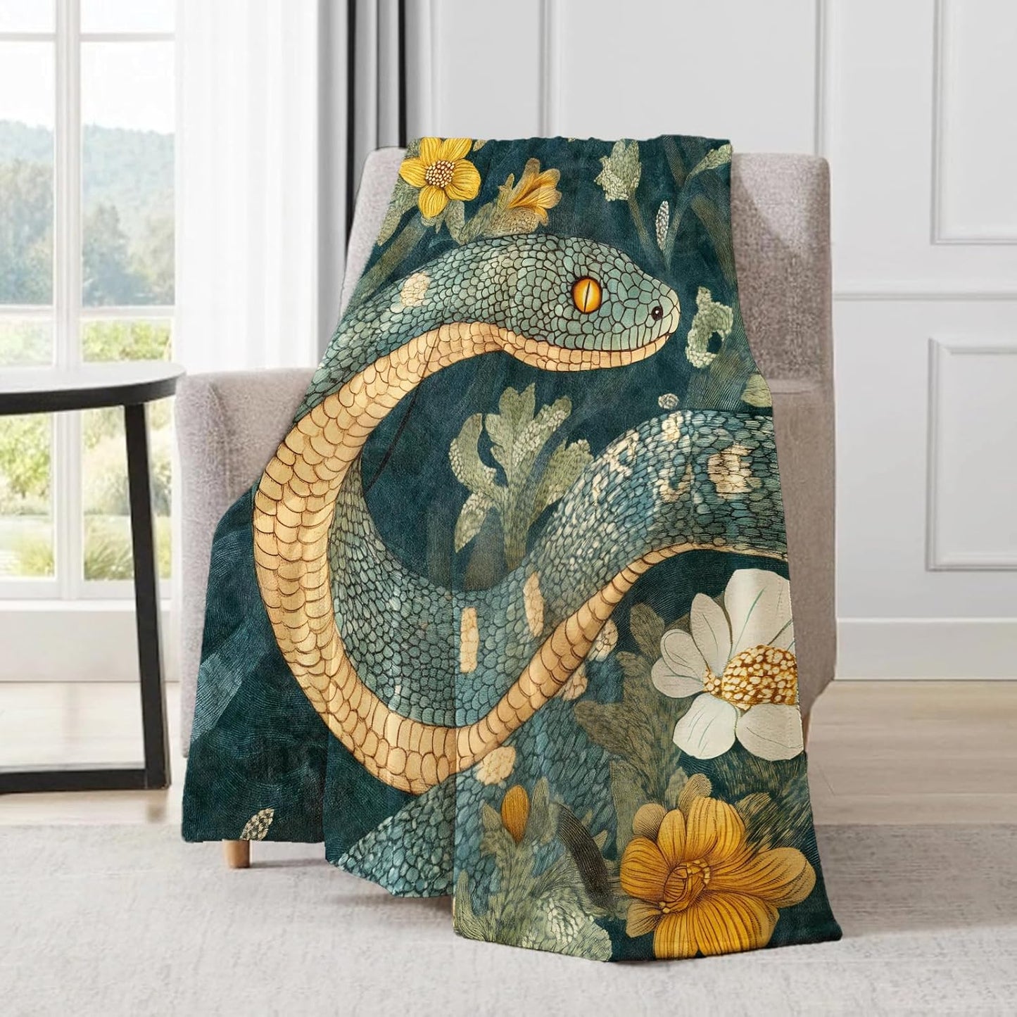 Snake Blanket - Cool Serpentine Dark Green Botanical Fleece Throw,Gifts for Adult, Soft & Warm,Lightweight, for Modern Artistic Decor, Living Room Home Accent 60x80in