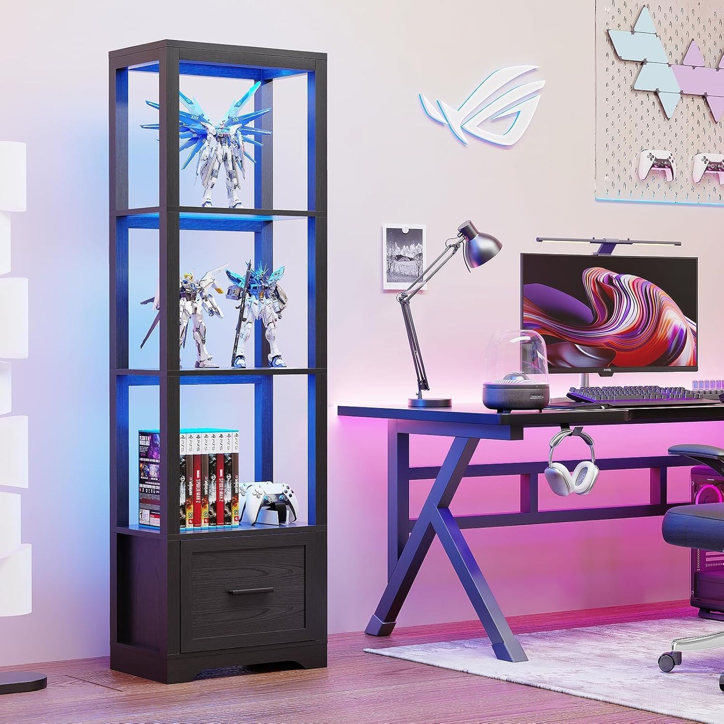 Display Shelf with 3 Color Light, Bookshelf with Drawer, Dimmable Display Cabinet for Collectibles, Bookcase, Display Case for Books, Trophies, Toys, Black