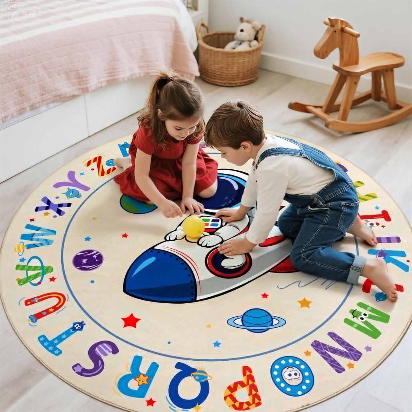 ABC Kids Alphabet Round Rug 4ft, Washable Soft Circle Nursery Rug, Non-Slip Educational Carpet with Space Astronaut Design for Classroom, Playroom & Kids Room Decor Blue