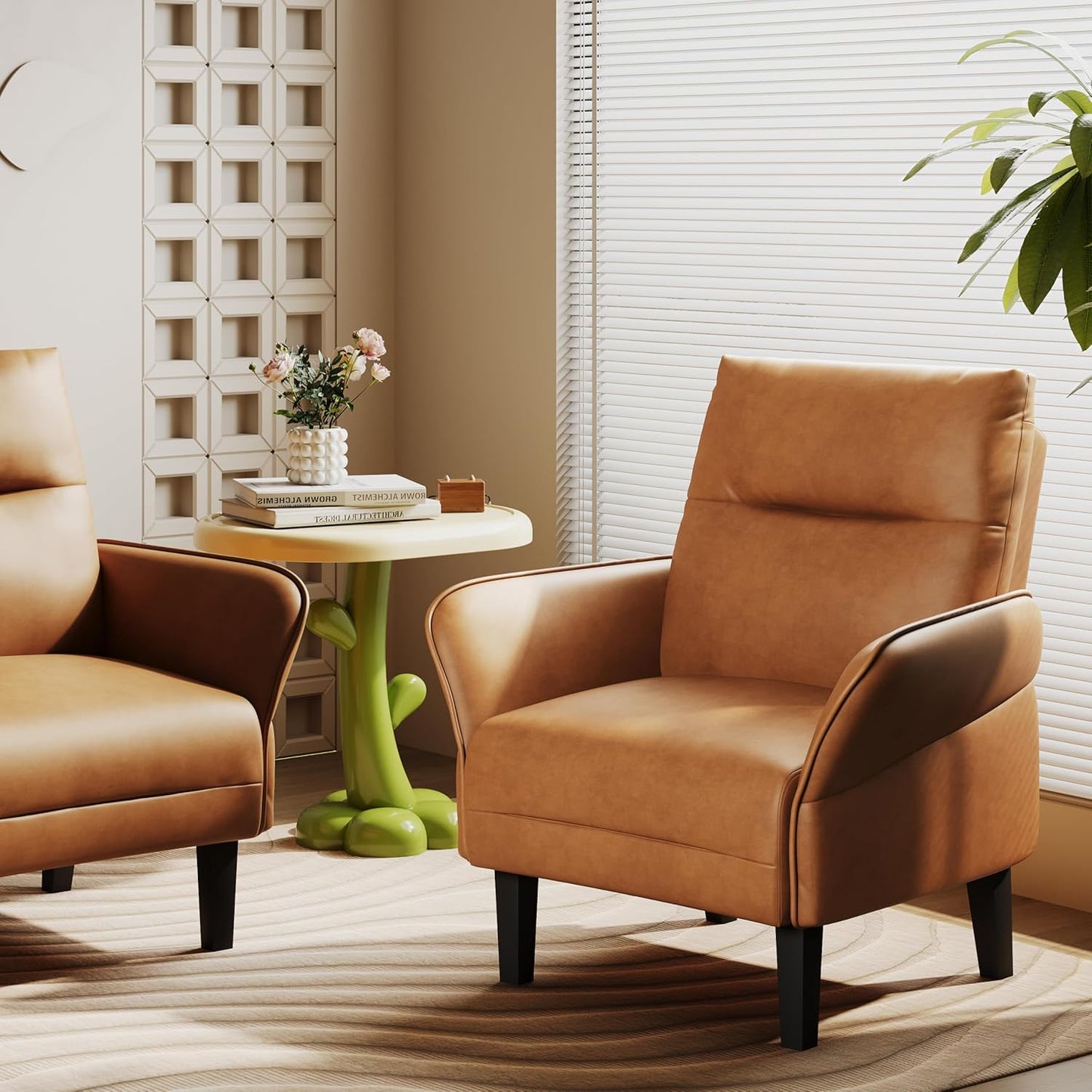 Aklaus Morden Accent Chair with PU Leather Armrest,Upholstered Chairs Lounge Faux Leather Reading Chairs Side Sitting Farmhouse Mid Century Chair for Living Room, Bedroom, Balcony Brown