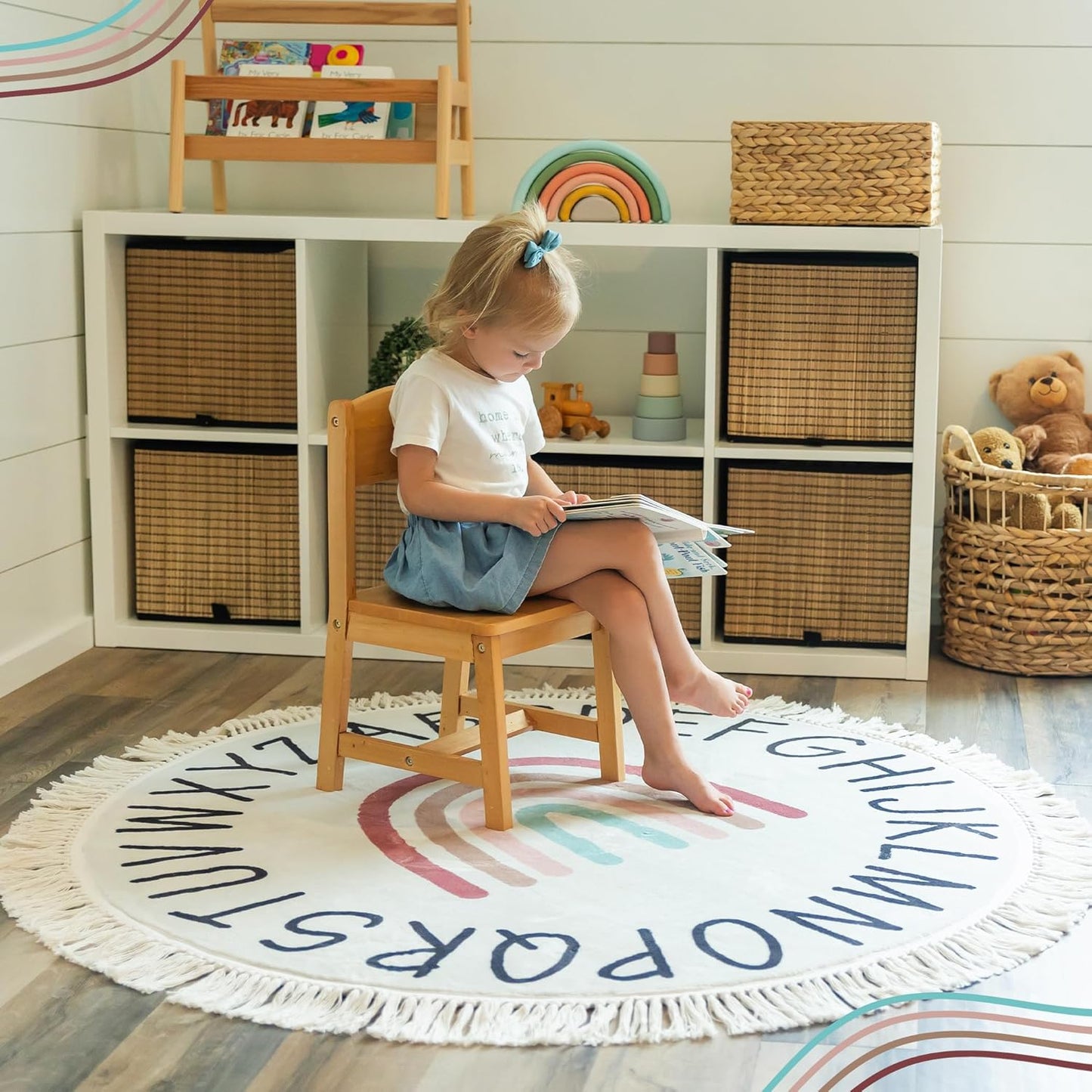 ABC Lovely Boho Rainbow Rug - 4ft Toddlers & Baby Playroom Rug, Round Classroom Carpet, Ultra Soft & Non Slip Alphabet Nursery Rug, Children's Room Washable Carpet - 47 inch