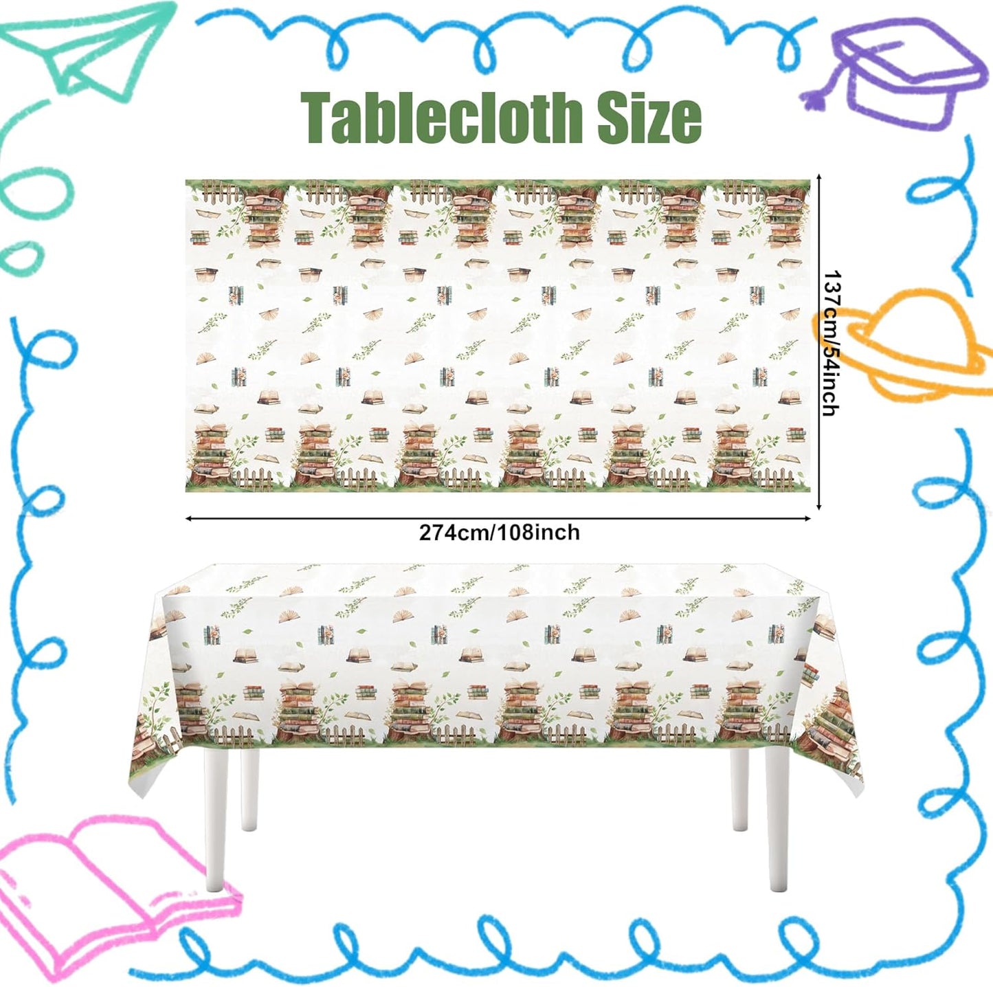 3Pcs Book Themed Party Tablecloth, 54 x 108 Inch Book Club Plastic Table Cover, Waterproof Library Reading Themed Table Cloths for Reading Party, Storybook Baby Shower Decorations