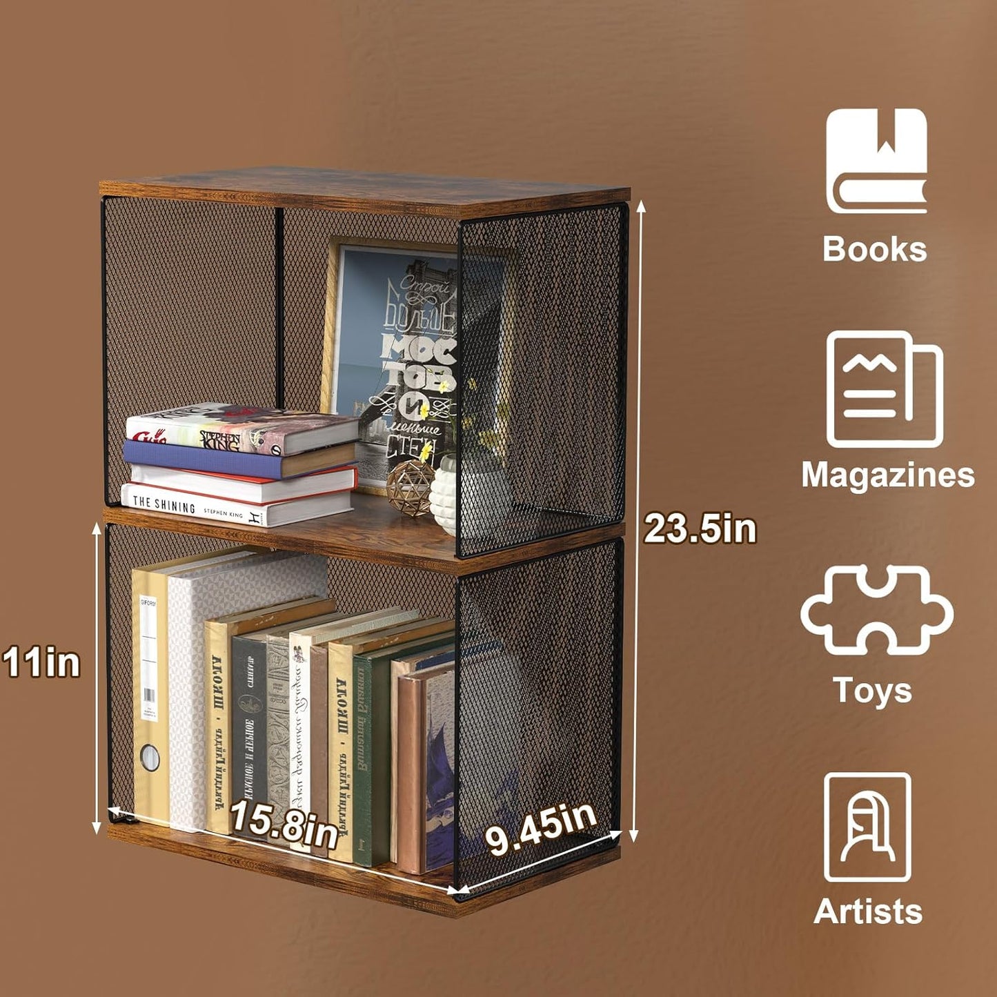 Small Bookshelf 2 Tiers Bookshelf for Small Spaces DIY Variable Stackable Cube Storage Organizer for Kid Bedroom,Living Room, Black Brown Wooden,2 Tiers Non-Detachable