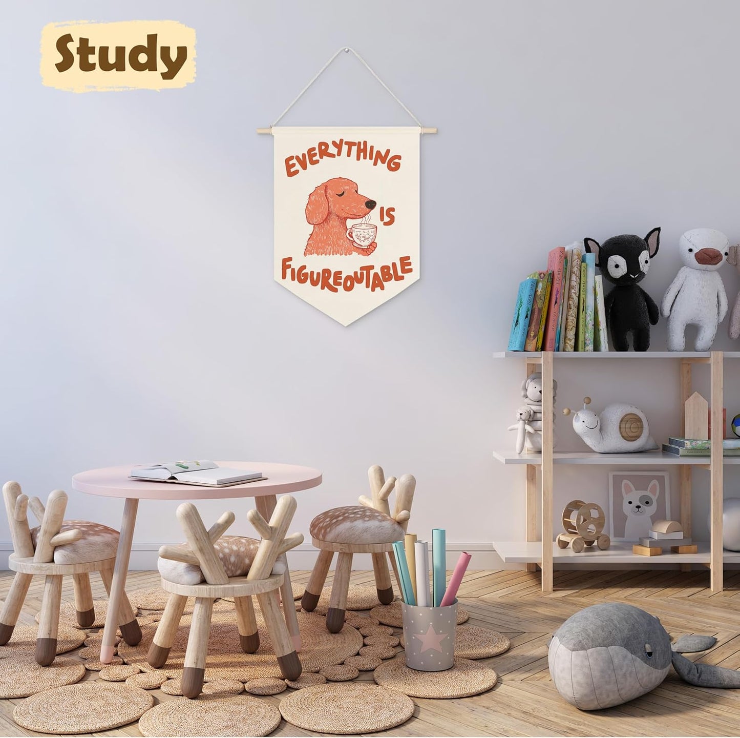LZYRF Funny Dog Inspirational Wall Banners, Everything is Figureoutable Humorous Hanging Pennant Banner Flags, Positive Quote Wall Art for Home Office Decor