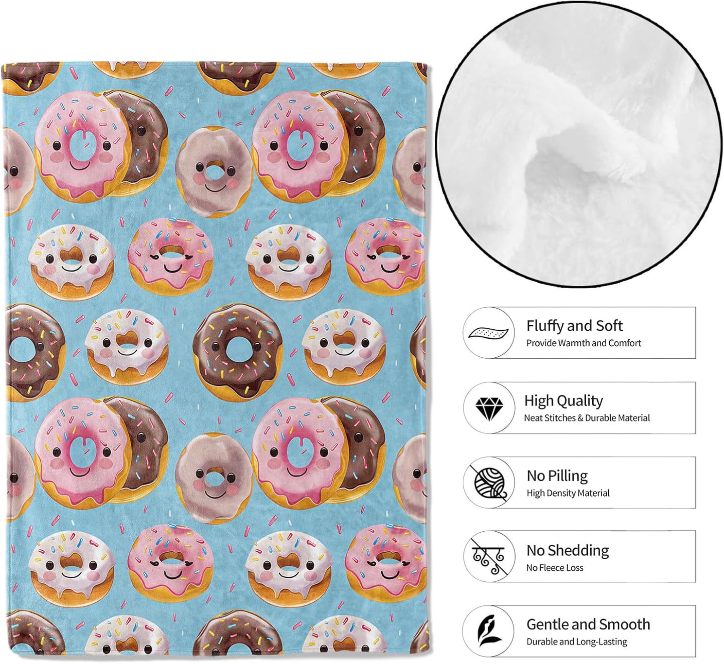 Cute Donut Throw Blanket - 50x60in,Ultra Soft, Cozy Lightweight Flannel,Cartoon Doughnut Blankets - Gifts for Kids & Sweet Lovers,for Couch Office Travel,Artistic Home Decor Accessory
