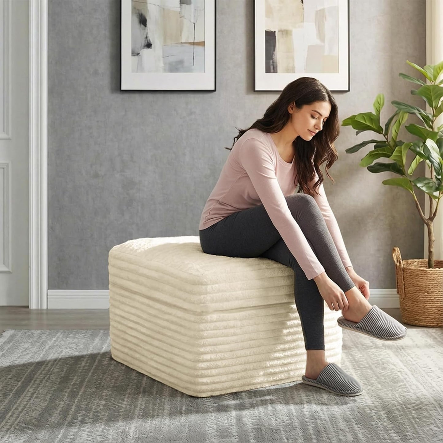 23.6in Pouf Ottoman, Corduroy Ottoman Foot Rest with Dual‑Layer Support, Large Poofy Pouf with Soft Chunk‑Foam Top & Firm Foam Base, Floor Foot Stool for Living Room, Beige