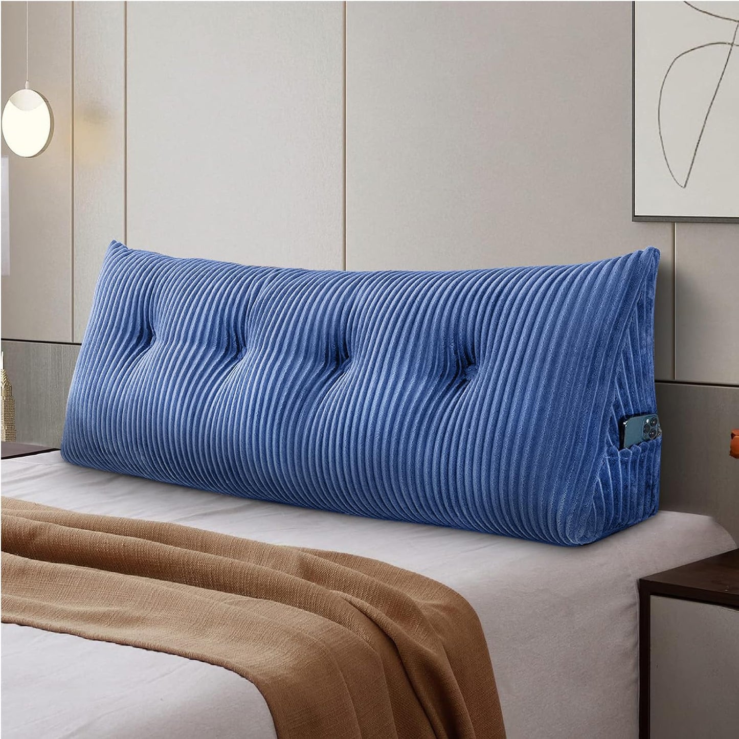 SLIGUY Large Headboard Pillow, Headboard Wedge Pillow Bed Rest Reading Pillow Bolster Triangular for Sitting in Bed-Backrest Positioning Support Long Pillow for Daybed (Full: 54x8x20 Inches,Blue)