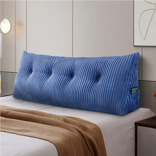 SLIGUY Large Headboard Pillow, Headboard Wedge Pillow Bed Rest Reading Pillow Bolster Triangular for Sitting in Bed-Backrest Positioning Support Long Pillow for Daybed (Full: 54x8x20 Inches,Blue)