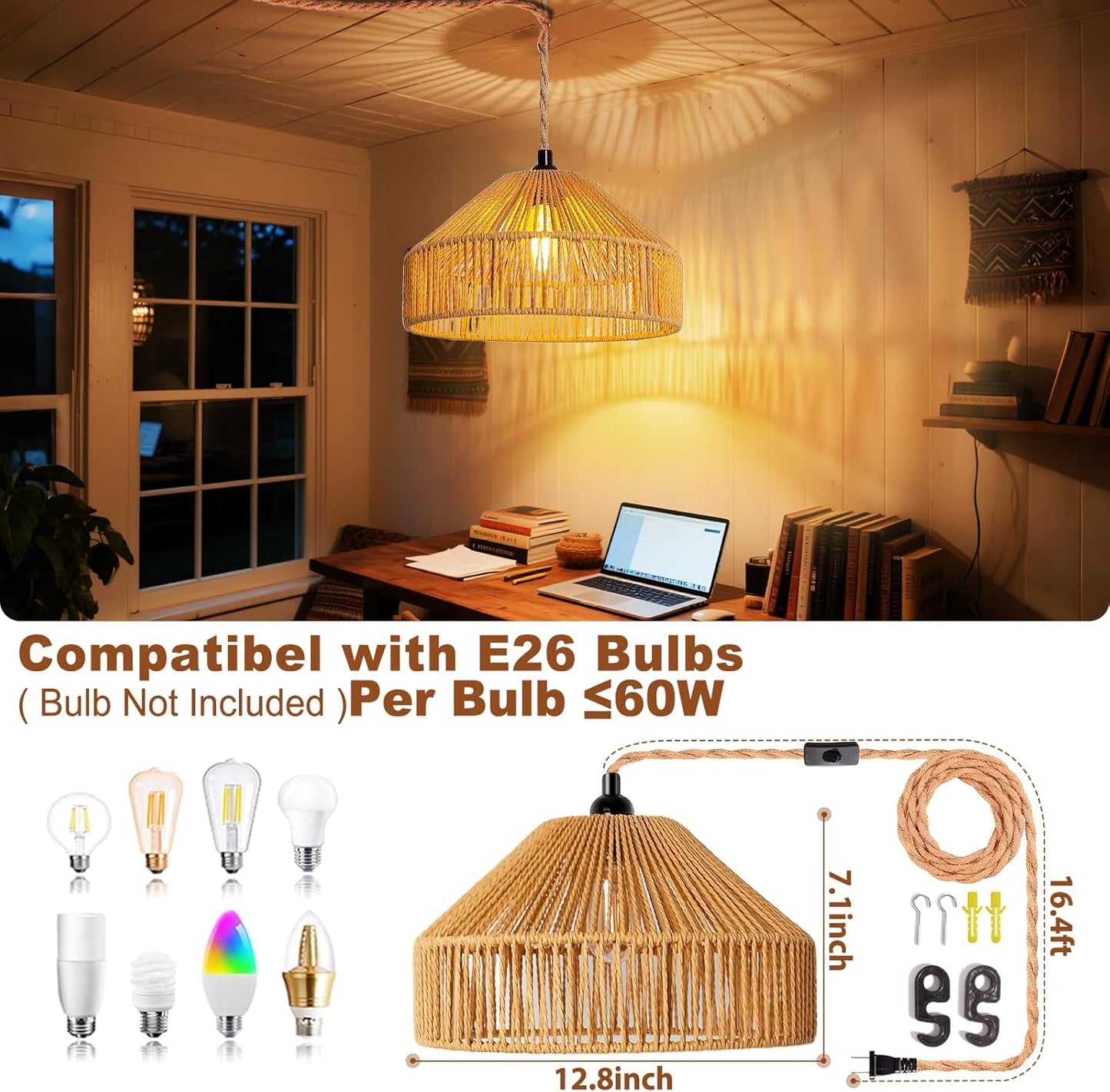 Hanging Lamps Rattan Pendant Light Hanging Lights 16.4ft Plug in Cord Pendant Light Fixture Plug Into Wall Outlet Pendant Lighting with On Off Switch for Bedroom Living (Mongolian Yurt)