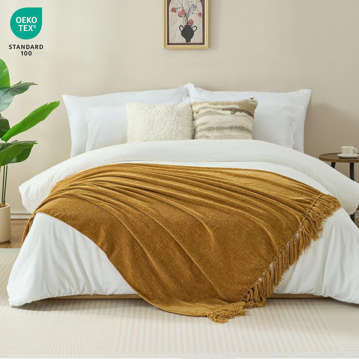 Chenille Throw Blanket for Couch with Tassels,60"X80" Soft Cozy Lightweight Knitted Boho Decorative Blankets for Bed and Sofa,Yellow
