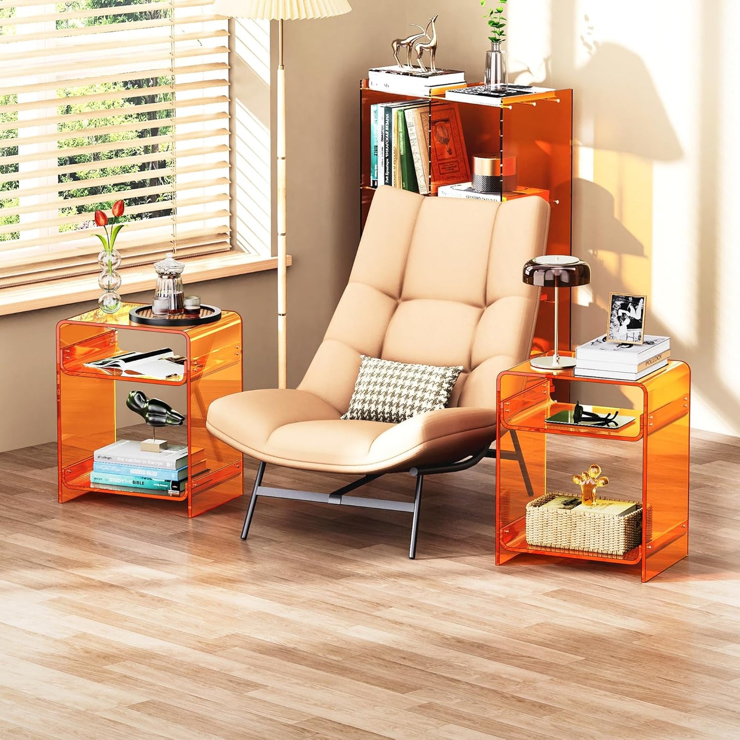 Acrylic End Table Record Player Table with Storage Shelf Clear Side Table Nightstand (Orange Double)