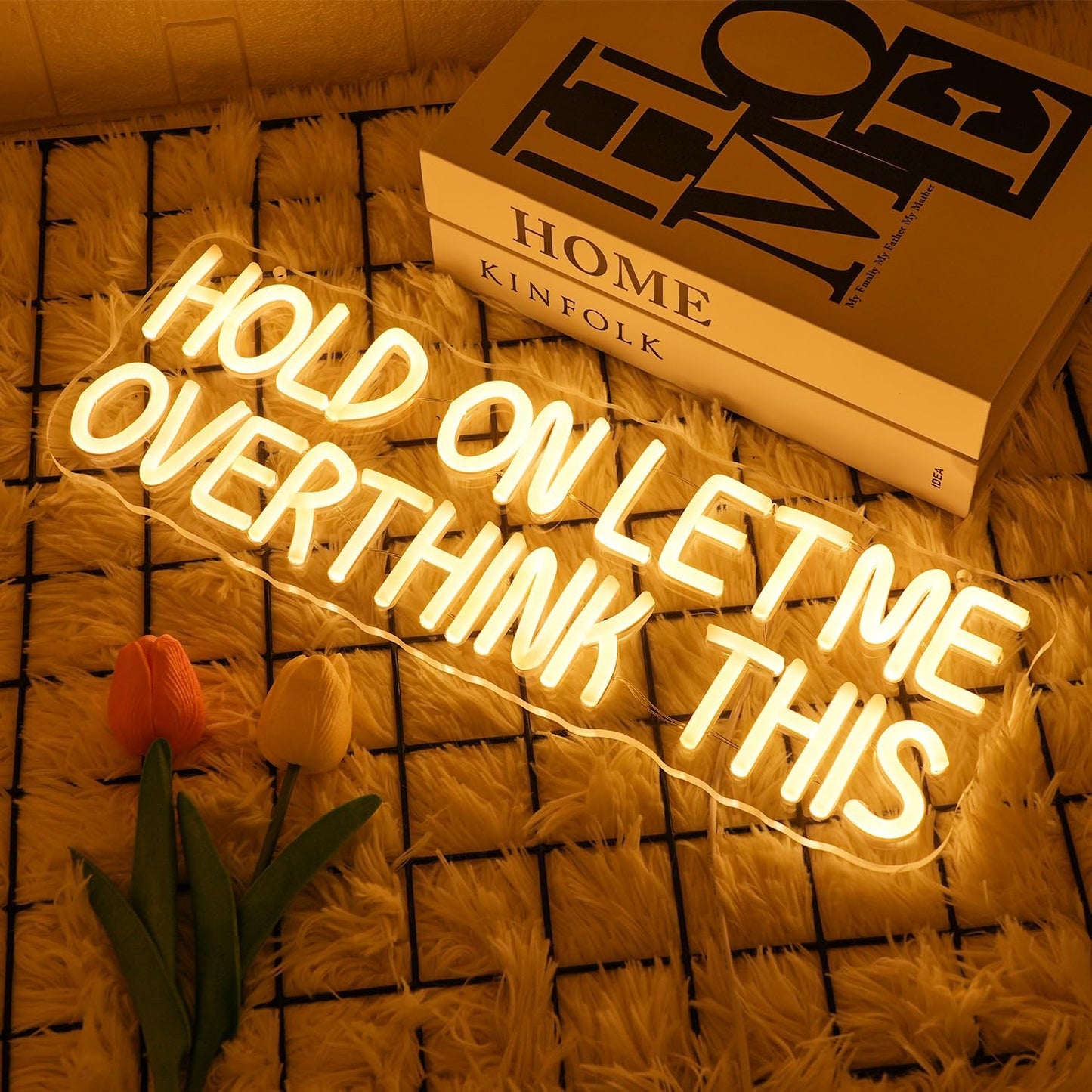 Hold On Let Me Overthink This Neon Sign Funny Neon Light Warm White Letter Neon Light Sign Dimmable LED Wall Sign for Bedroom Bar Classroom Party Library Bookstore Wall Decor