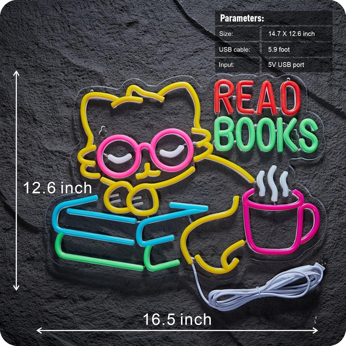 Read Books cat &coffe Neon Sign Book Neon Light Colorful Rainbow Neon Light sign Read More Books Neon Signs Library Classroom Reading Room Bookstore Bookish Decoration Kids Gifts