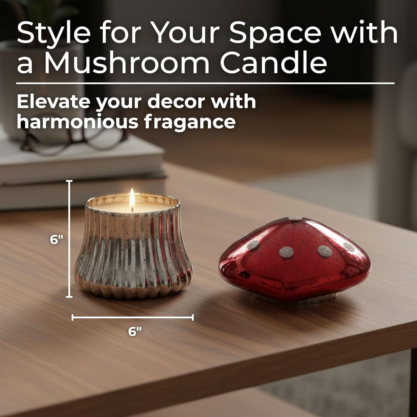 Glass Candle Accent – Candle for Relaxed Ambience, Living Room or Bedroom Shelf or Table, Whimsical Mushroom Shape Home Decor With Cinnamon Scent Glow – 6" / 12 oz, Red & Silver Finish