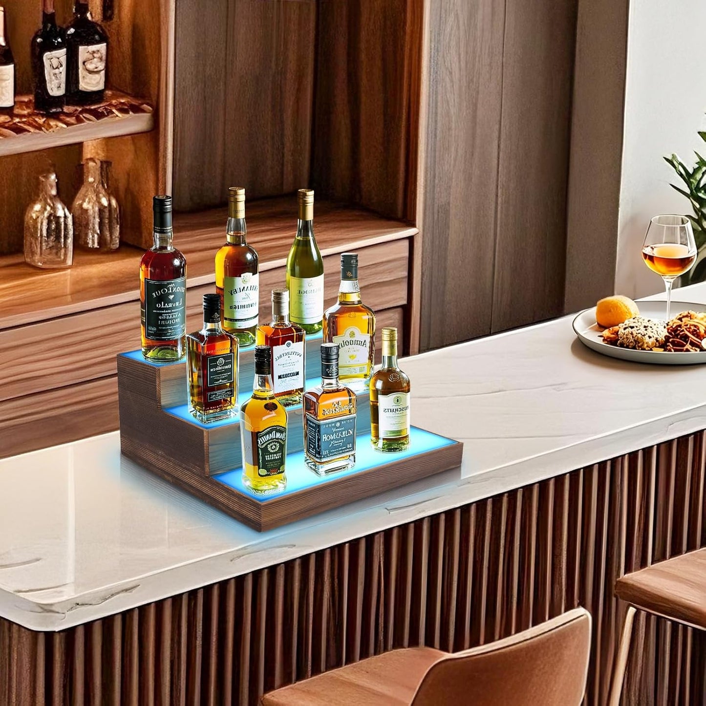 3 Tier Wine Rack with Light LED Liquor Bottle Display Case Acrylic Illuminated Bar Bottle Display Shelf RGB Lighting for Home Commercial Bar Party by Wood
