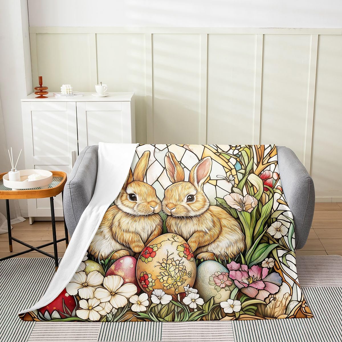 Manfei Cute Rabbits Flannel Blanket Colorful Eggs Flower Butterfly Throw Blanket Easter Theme Cozy Throws for Bed Couch Sofa,Kids Boys Girls Room Decor,Soft and Breathable(50 x 60 Inches)